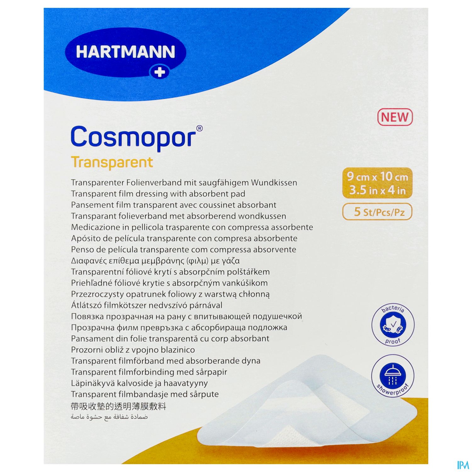 Verpackung des transparenten Wundverbands Cosmopor von Hartmann mit Größenangabe und Informationen in mehreren Sprachen.