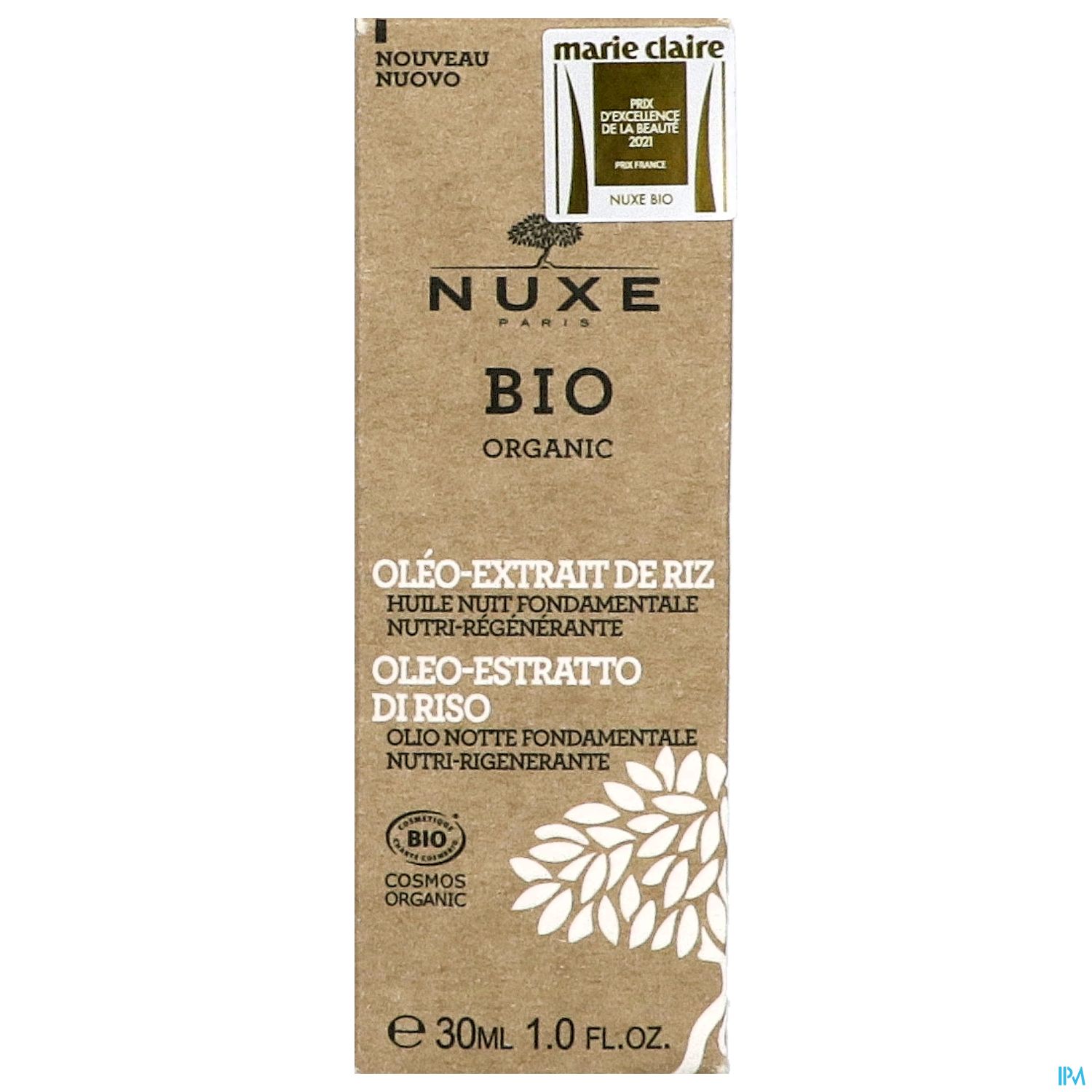 Produktverpackung von Nuxe Bio, einem organischen Öl mit der Bezeichnung „Oléo-Extrait de Riz“, 30 ml.