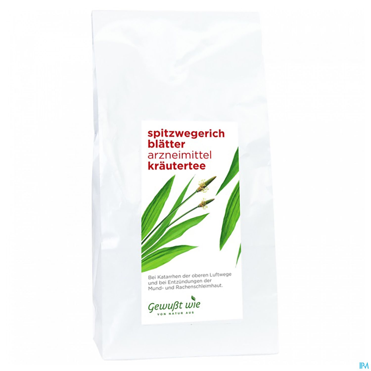 Packung mit Spitzwegerichblätter Kräutertee, beschriftet mit Produktinformationen.