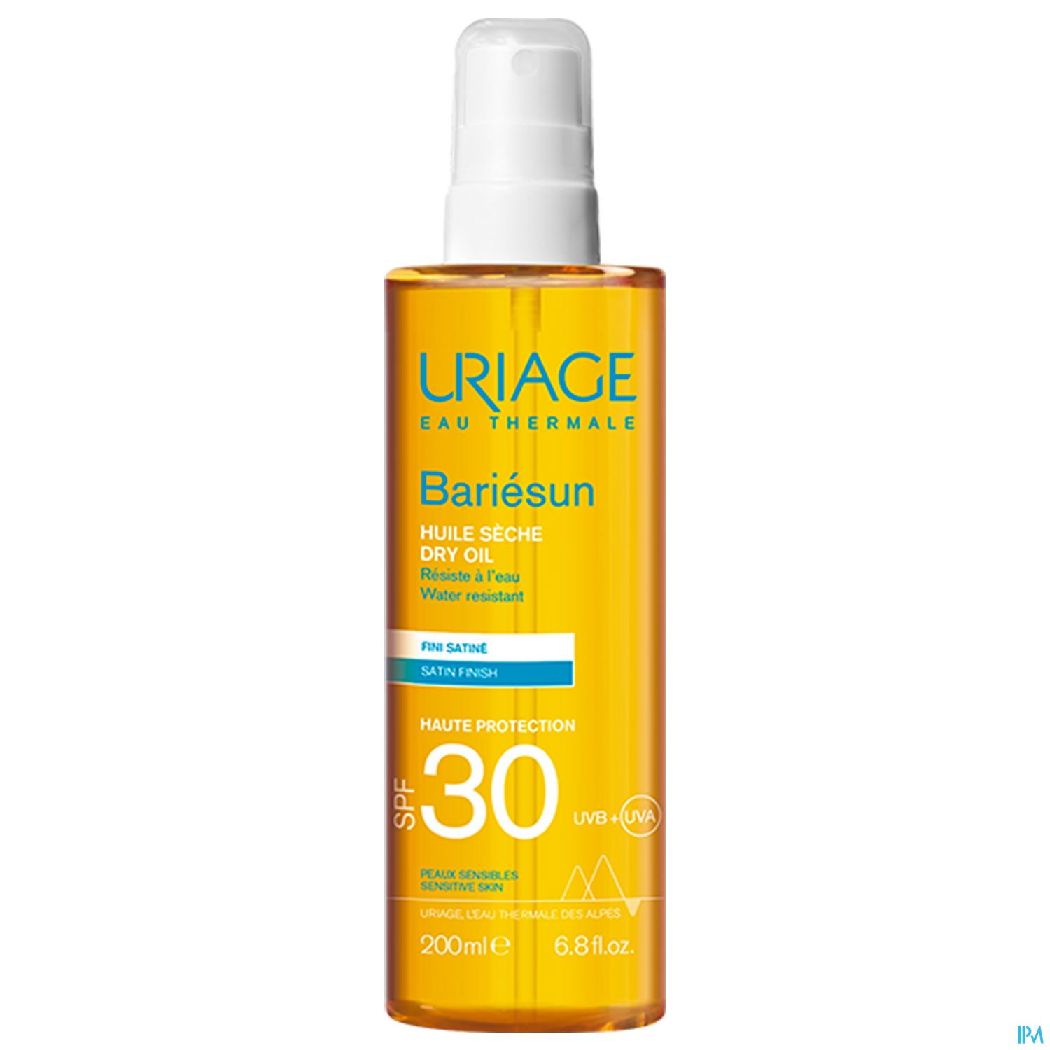 Flasche mit Uriage Bariesun trockener Öl-Sonnenschutz, SPF 30, 200 ml.