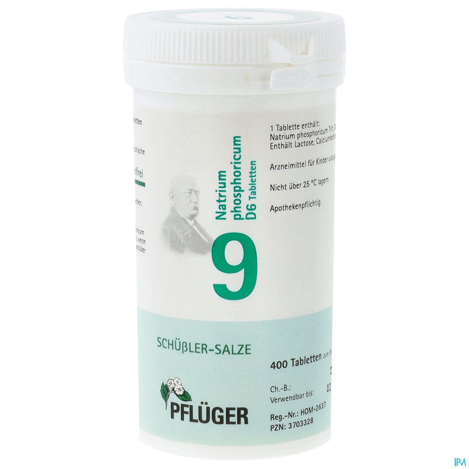 Weißes Röhrchen mit grünem Aufdruck, das 400 Schüßler-Salze Tabletten enthält, nummeriert mit "9" und der Bezeichnung "Natrium phosphoricum D6".