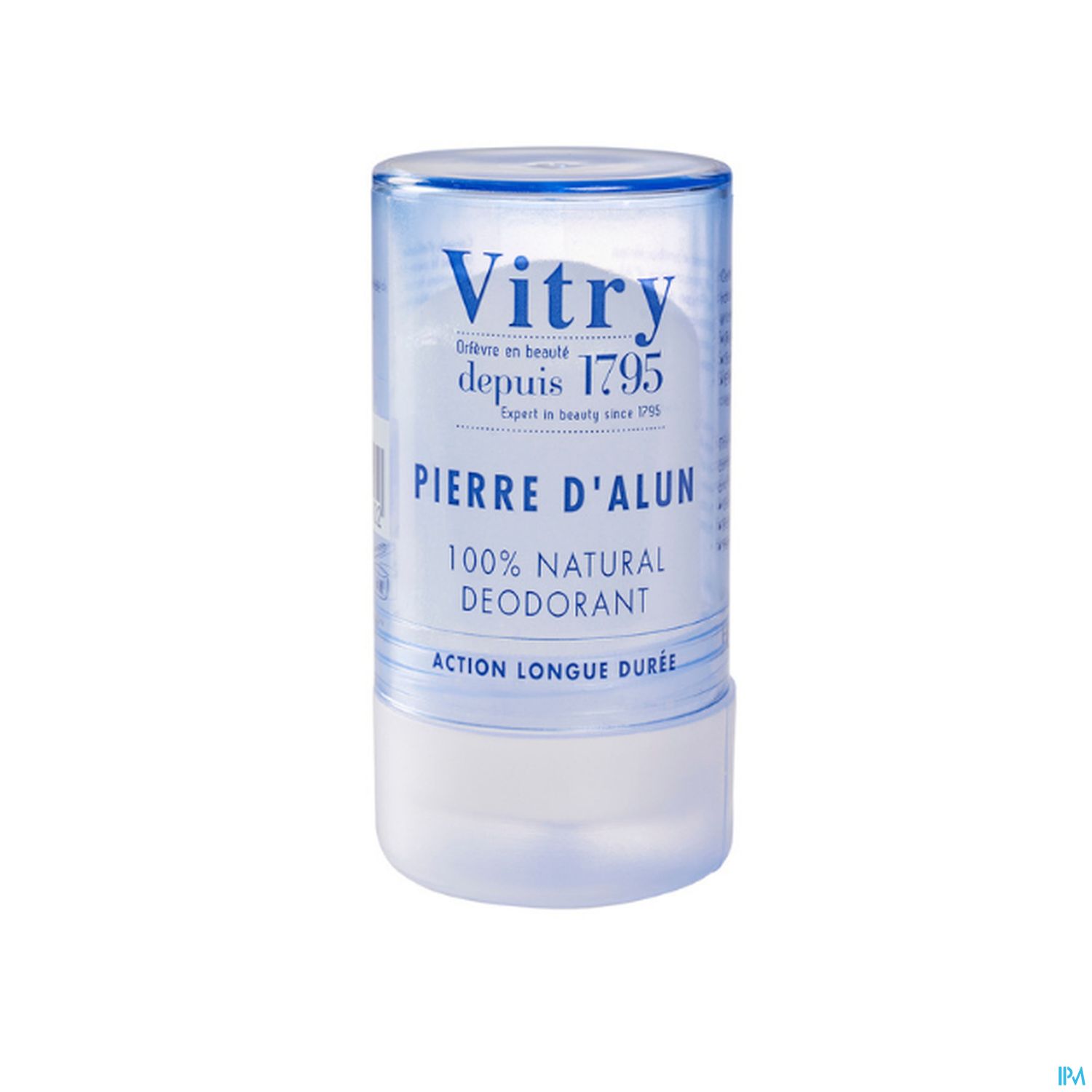Deodorantstick der Marke Vitry mit der Aufschrift "Pierre d'Alun" und dem Hinweis auf 100% natürliche Inhaltsstoffe.
