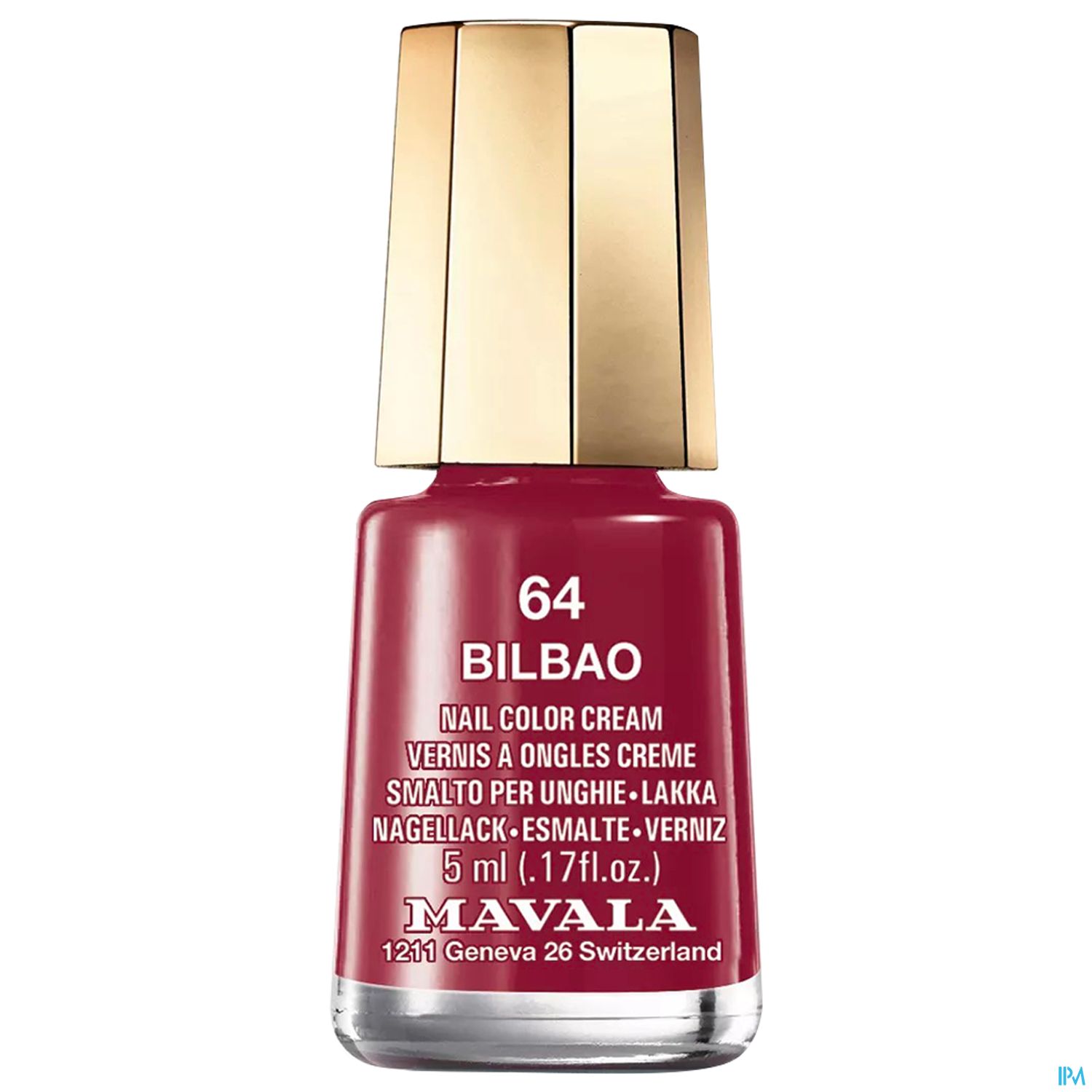 Roter Nagellack in einer Glasflasche mit goldenem Deckel, beschriftet mit "64 BILBAO" und dem Markennamen "MAVALA".
