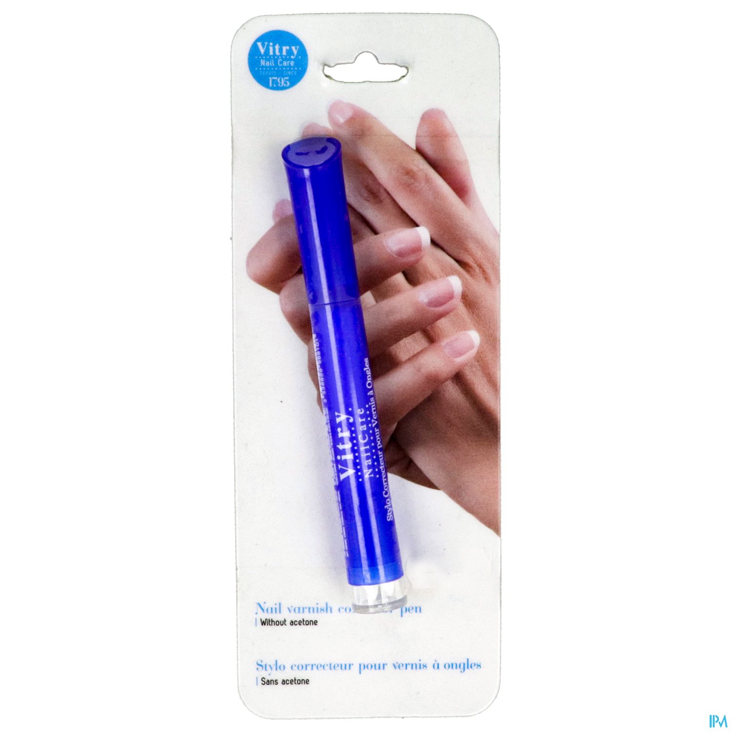 Flasche mit Nagellackkorrektor in blauer Verpackung, umgeben von Händen auf einer Karte.