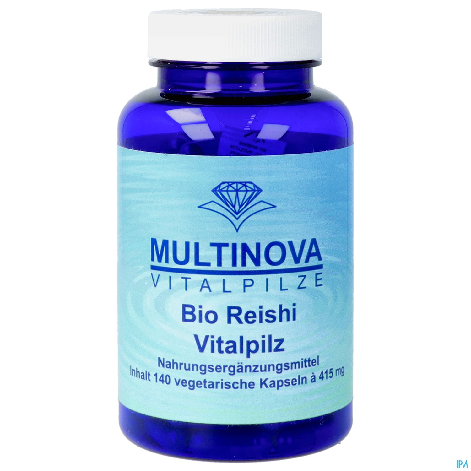 Blaue Glasflasche mit Nahrungsergänzungsmittel aus Bio Reishi, enthält 140 vegetarische Kapseln à 415 mg, beschriftet mit "MULTINOVA VITALPILZE".