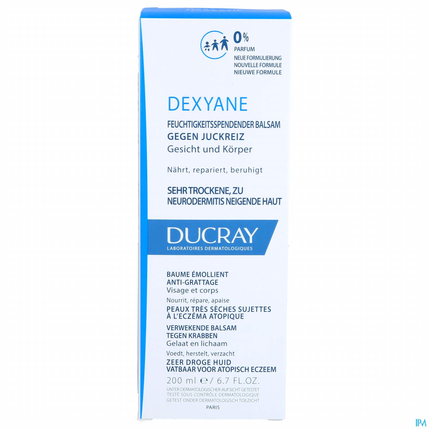 Verpackung des Dexyane Feuchtigkeitsspendenden Balsams von Ducray gegen Juckreiz für Gesicht und Körper, 200 ml.