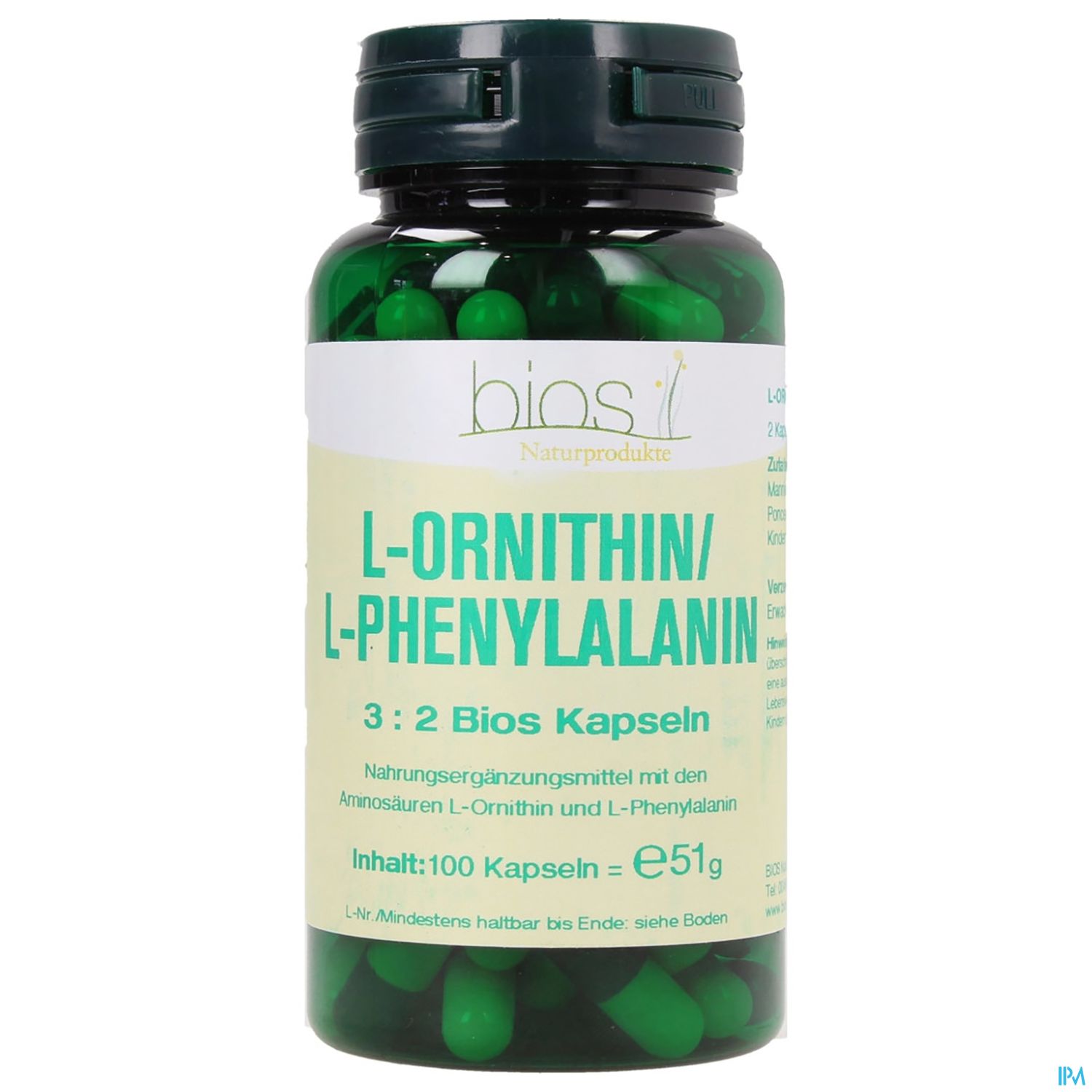 Grüne Kapseln in einer schwarzen Flasche mit Aufschrift "L-Ornithin/L-Phenylalanin 3:2 Bios Kapseln".