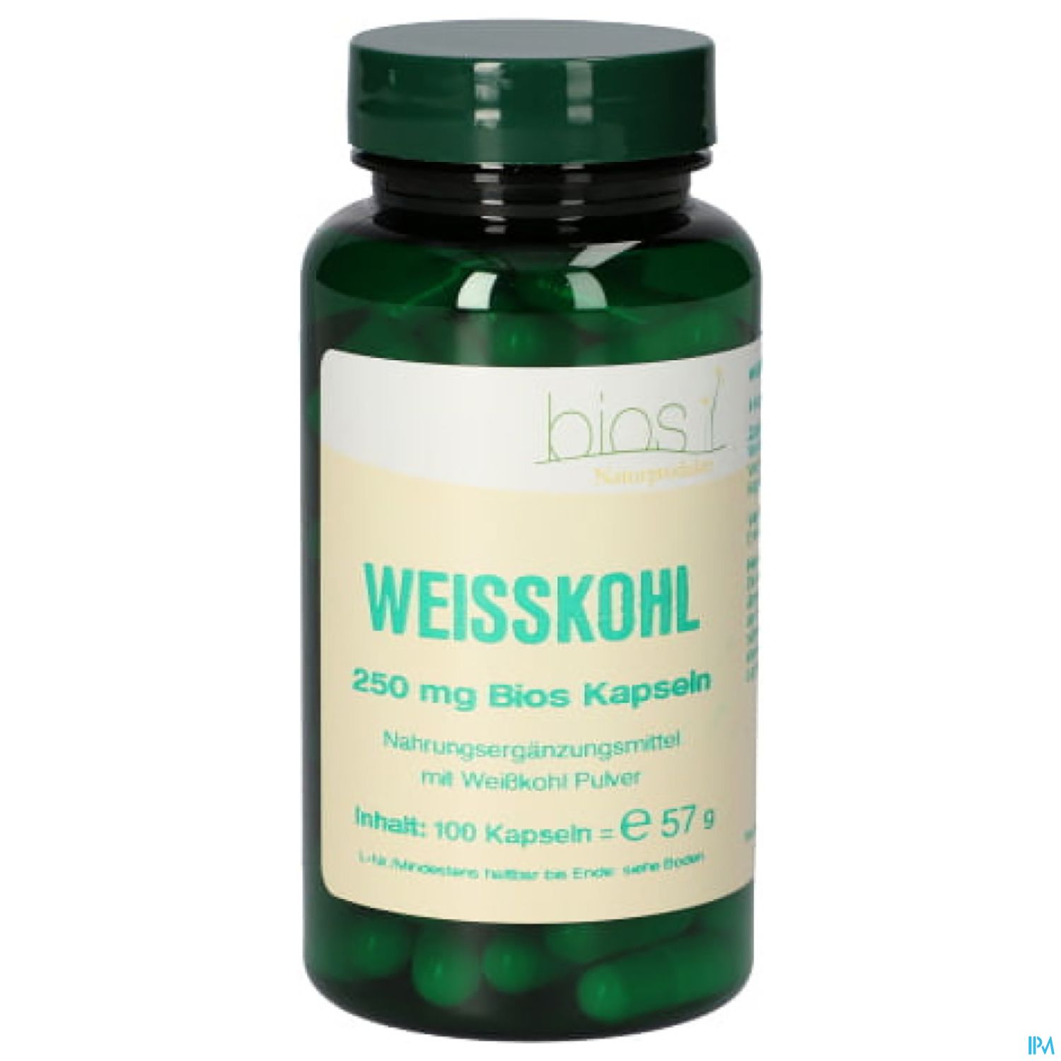 Flasche mit grünen Kapseln, beschriftet mit "Weißkohl - 250 mg Bios Kapseln, Nahrungsergänzungsmittel, 100 Kapseln, 57 g".