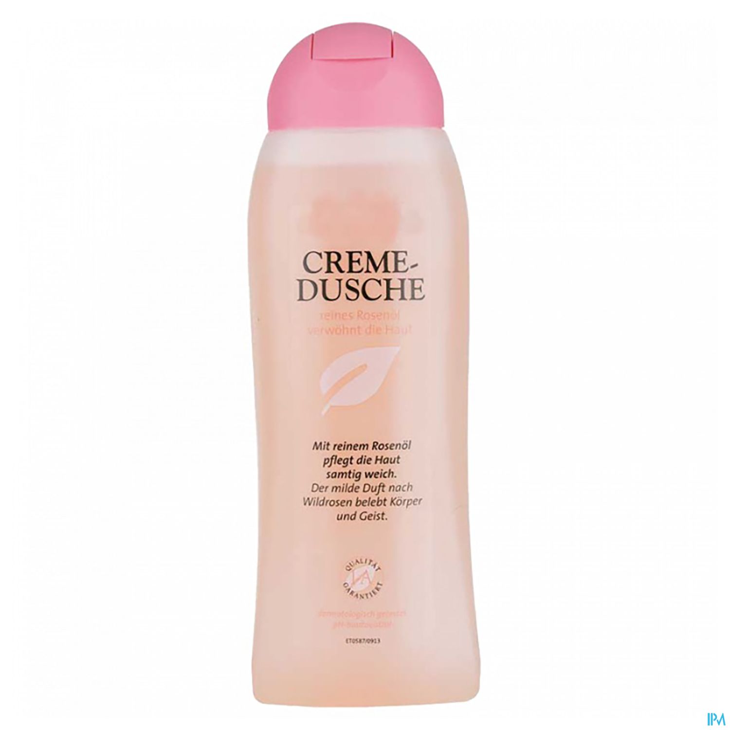 Flasche mit Creme-Dusche in rosa und transparentem Design, beschriftet mit "Creme-Dusche" und Hinweisen zur pflegenden Wirkung mit Rosenöl.