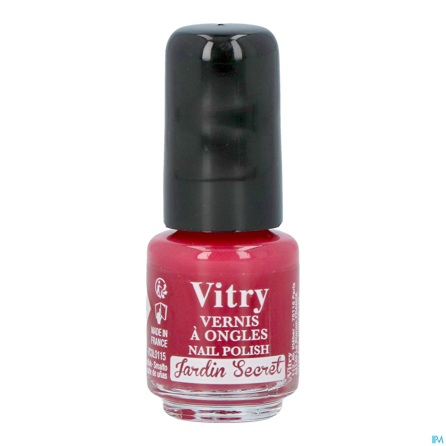 Ein Fläschchen mit rotem Nagellack der Marke Vitry, beschriftet mit "Vernis à Ongles" und "Jardin Secret".