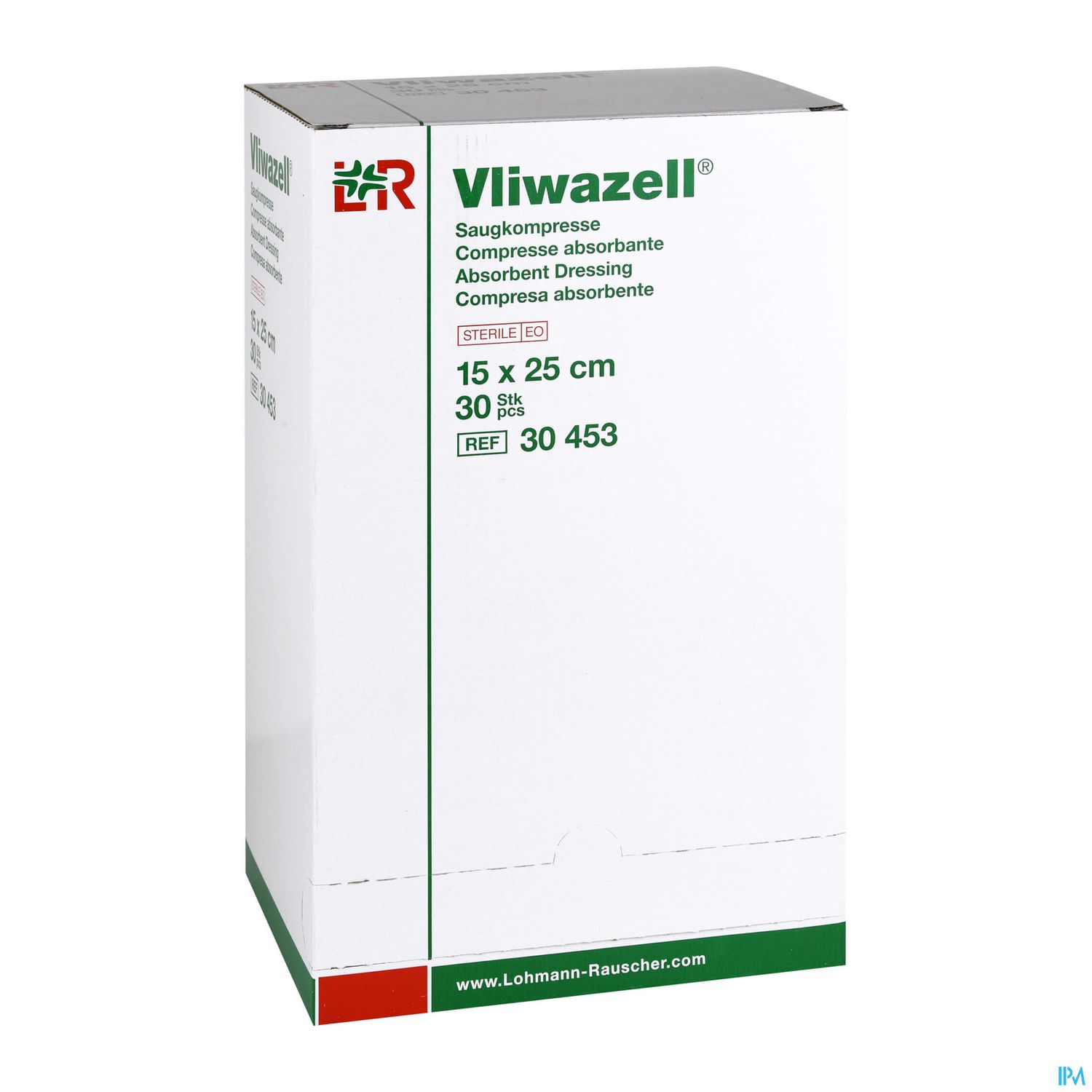 Verpackung einer Vliwazell Saugkompresse, 15 x 25 cm, mit 30 Stück, steril.