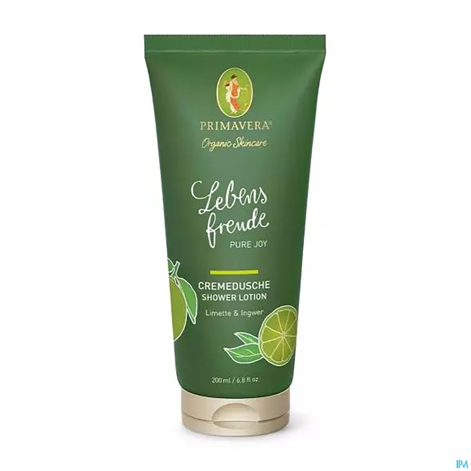 Grüne Tube mit der Aufschrift "Lebensfreude Pure Joy" und der Bezeichnung "Cremedusche Shower Lotion" mit Limetten- und Ingwerduft.