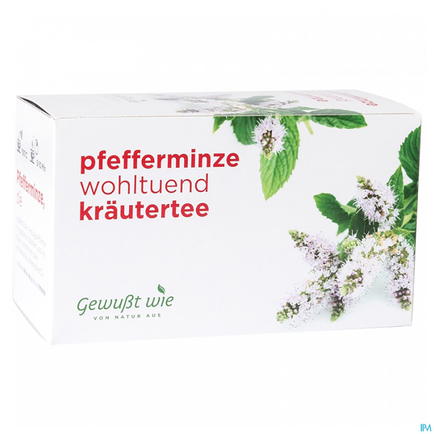 Packung mit Pfefferminz-Kräutertee, beschrieben als "wohltuend", mit grafischen Elementen wie Minzblättern.