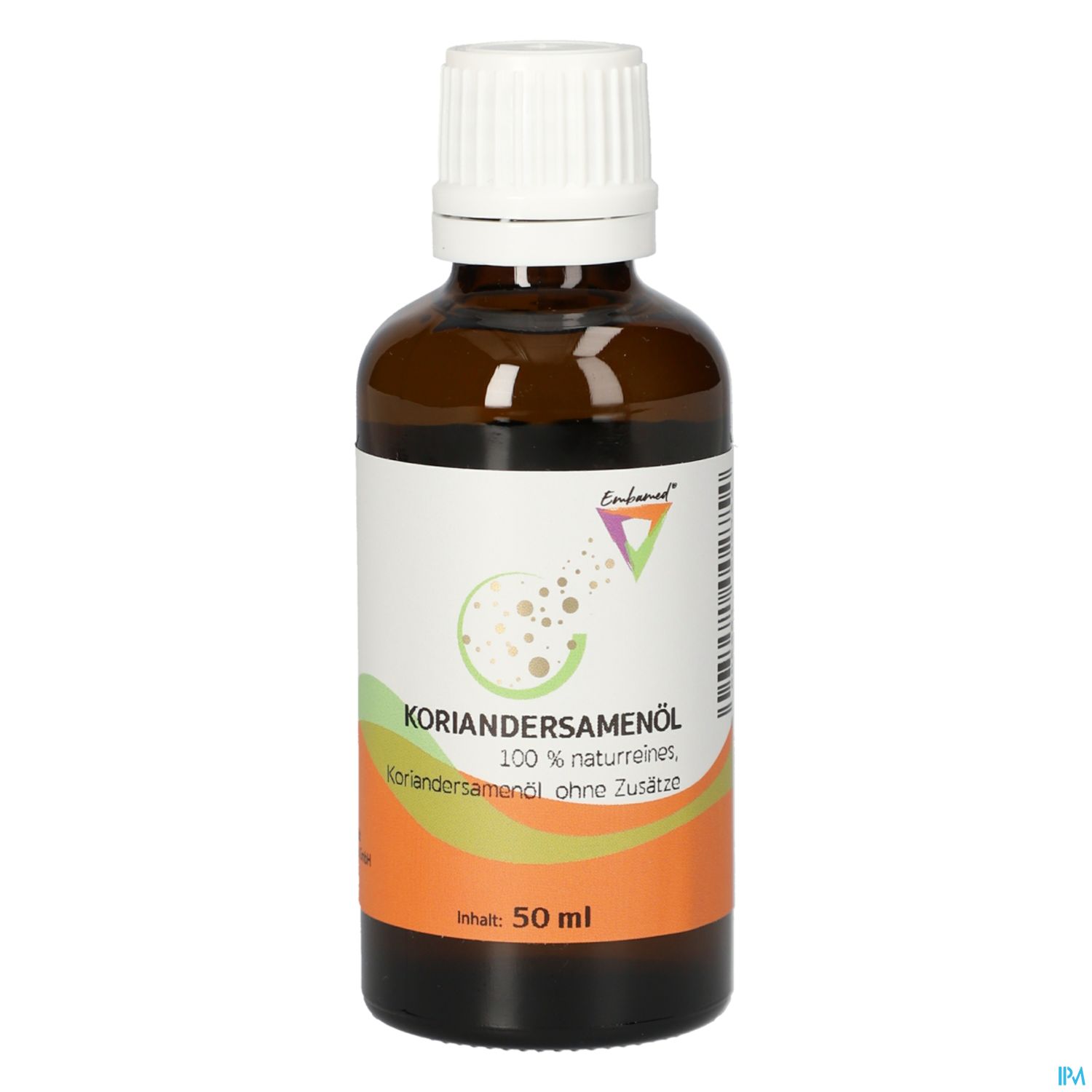 Braune Flasche mit Koriandersamenöl, 50 ml, etikettiert mit den Hinweisen "100 % naturreines, Koriandersamenöl ohne Zusätze".