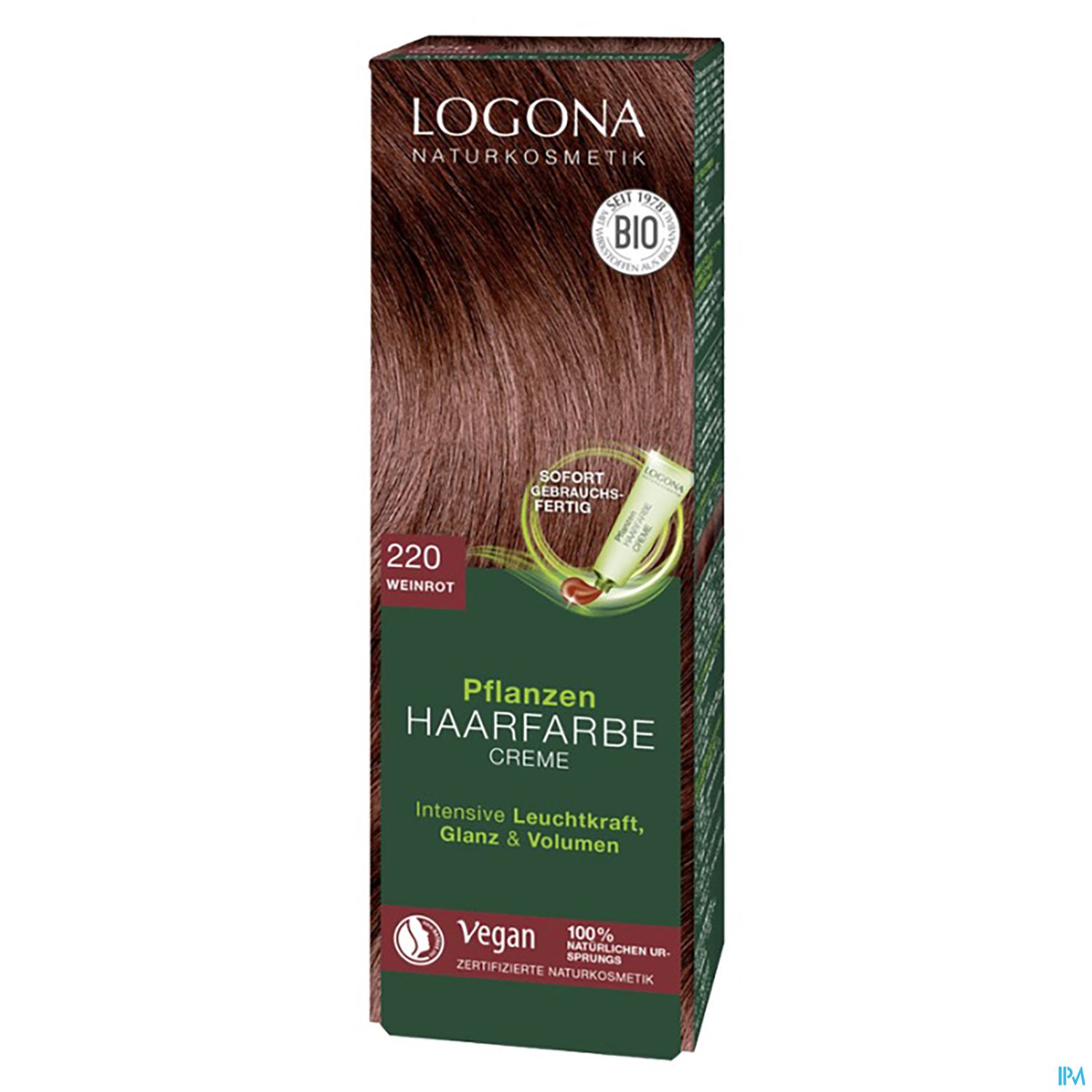Verpackung einer pflanzlichen Haarfärbecreme der Marke Logona in der Farbe 220 Weinrot, mit Hinweisen auf Bio-Qualität und vegane Inhaltsstoffe.