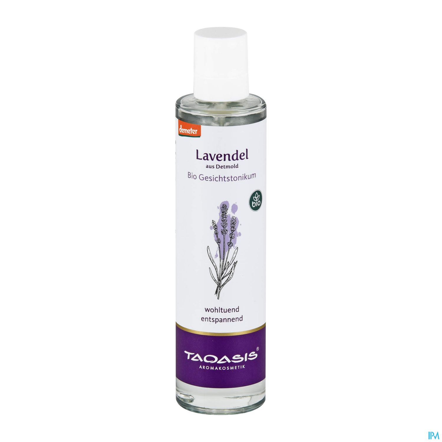 Flasche mit Lavendel Bio Gesichtstonikum von Taoasis, Etikett in Weiß und Lila, mit Illustrationen von Lavendelblüten und der Aufschrift "Bio Gesichtstonikum wohltuend entspannend".