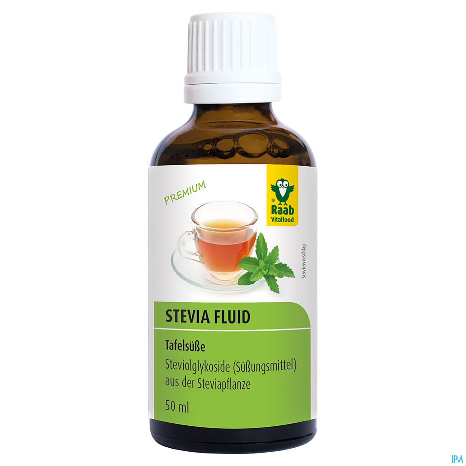 Flasche Stevia Fluid mit einem Etikett, das die Bezeichnung „Stevia Fluid“, „Tafelsüße“ und „Steviolglycoside aus der Steviapflanze“ zeigt. Im Hintergrund ein Glas Tee mit Minzblättern.