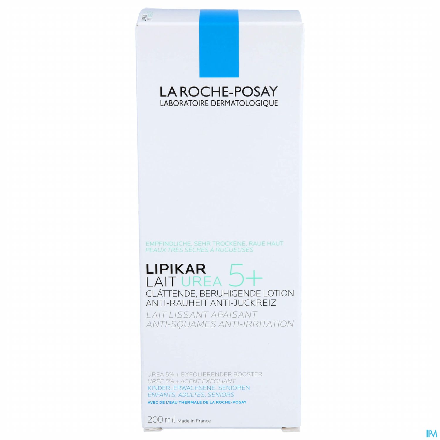 Produktverpackung von La Roche-Posay Lipikar Lait Urea, einer glättenden und beruhigenden Lotion für trockene Haut, 200 ml.