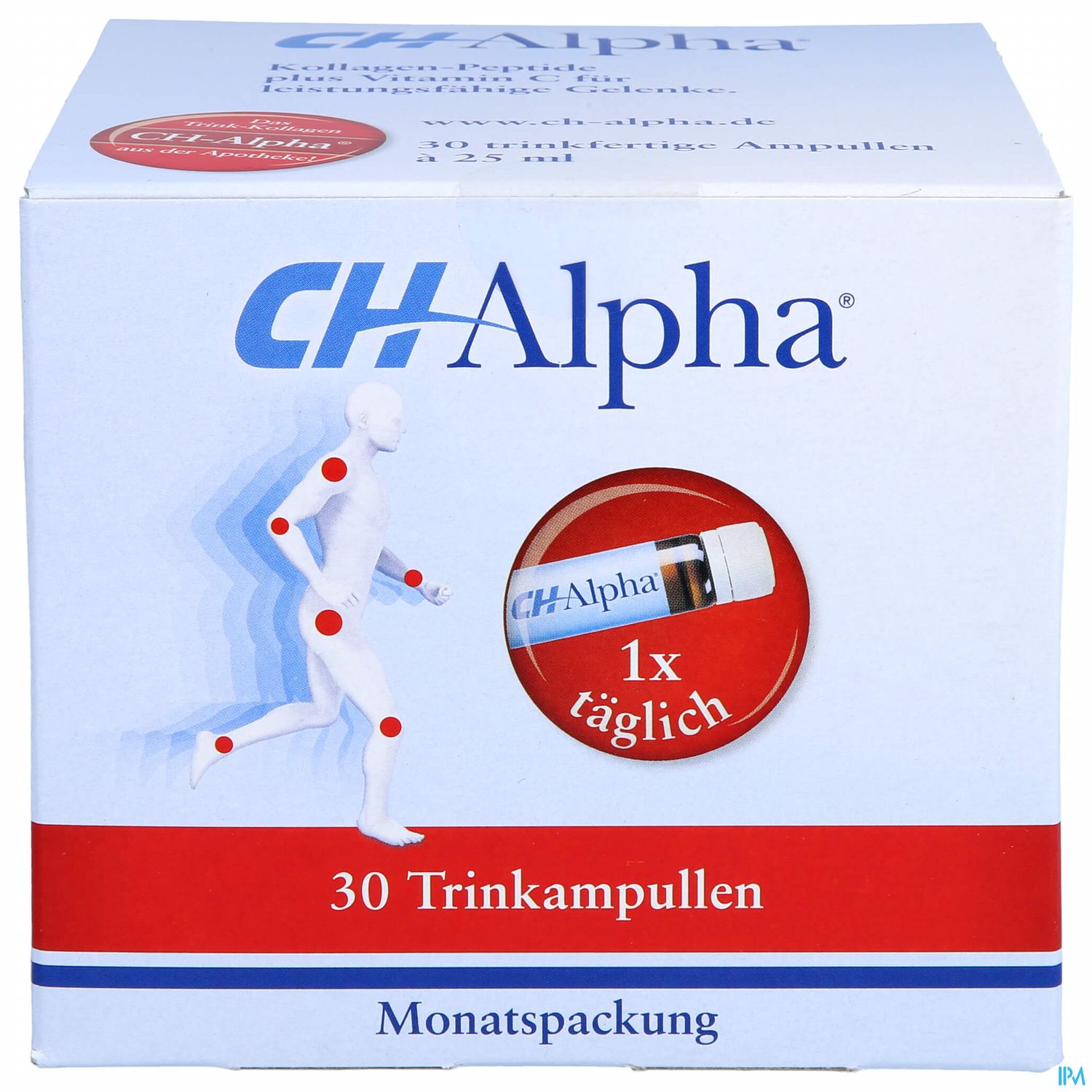 Verpackung von CH Alpha mit 30 Trinkampullen zur täglichen Einnahme, abgebildet auf weißem Hintergrund mit roten und blauen Details.