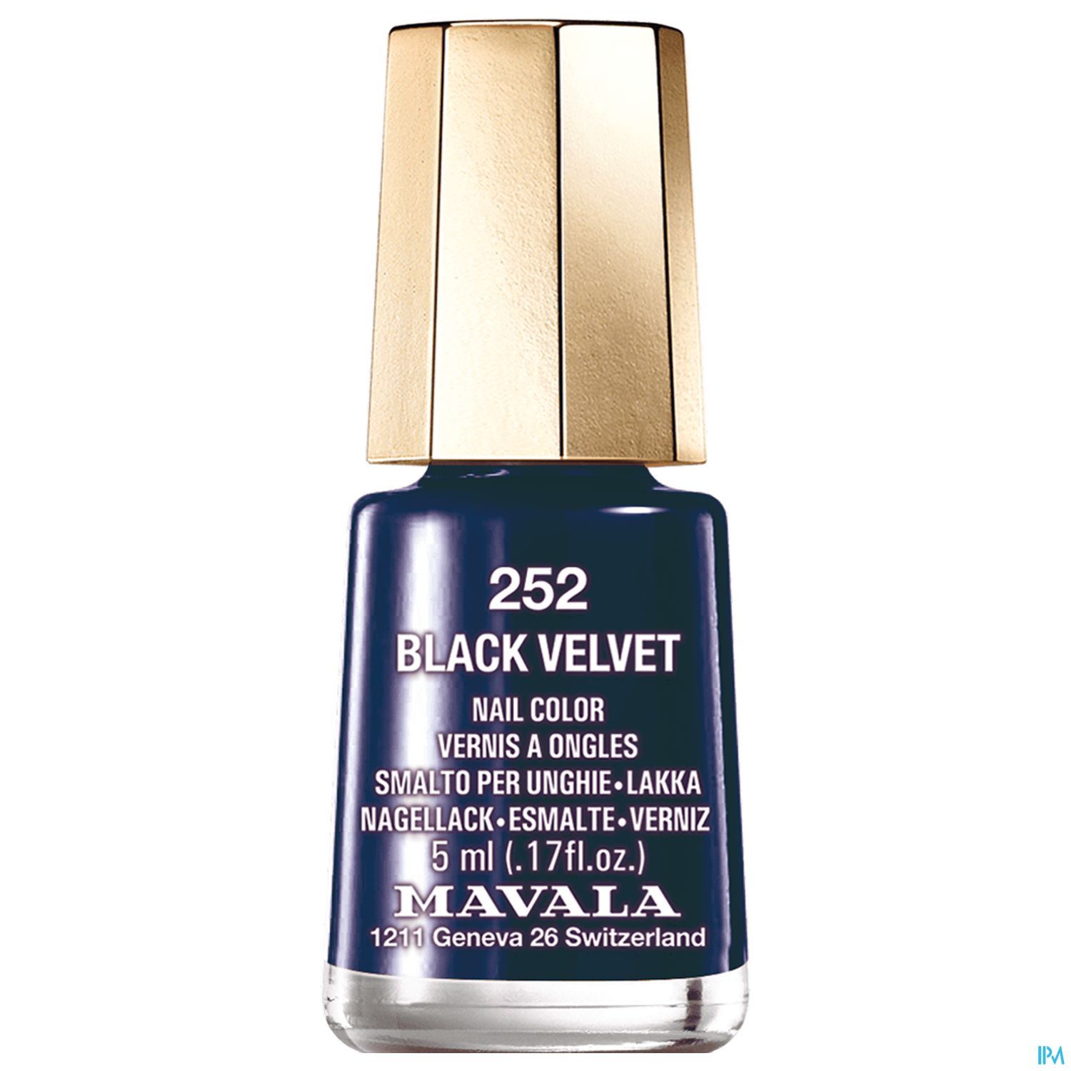 Flasche mit schwarzem Nagellack der Marke Mavala, Bezeichnung "Black Velvet", 5 ml.
