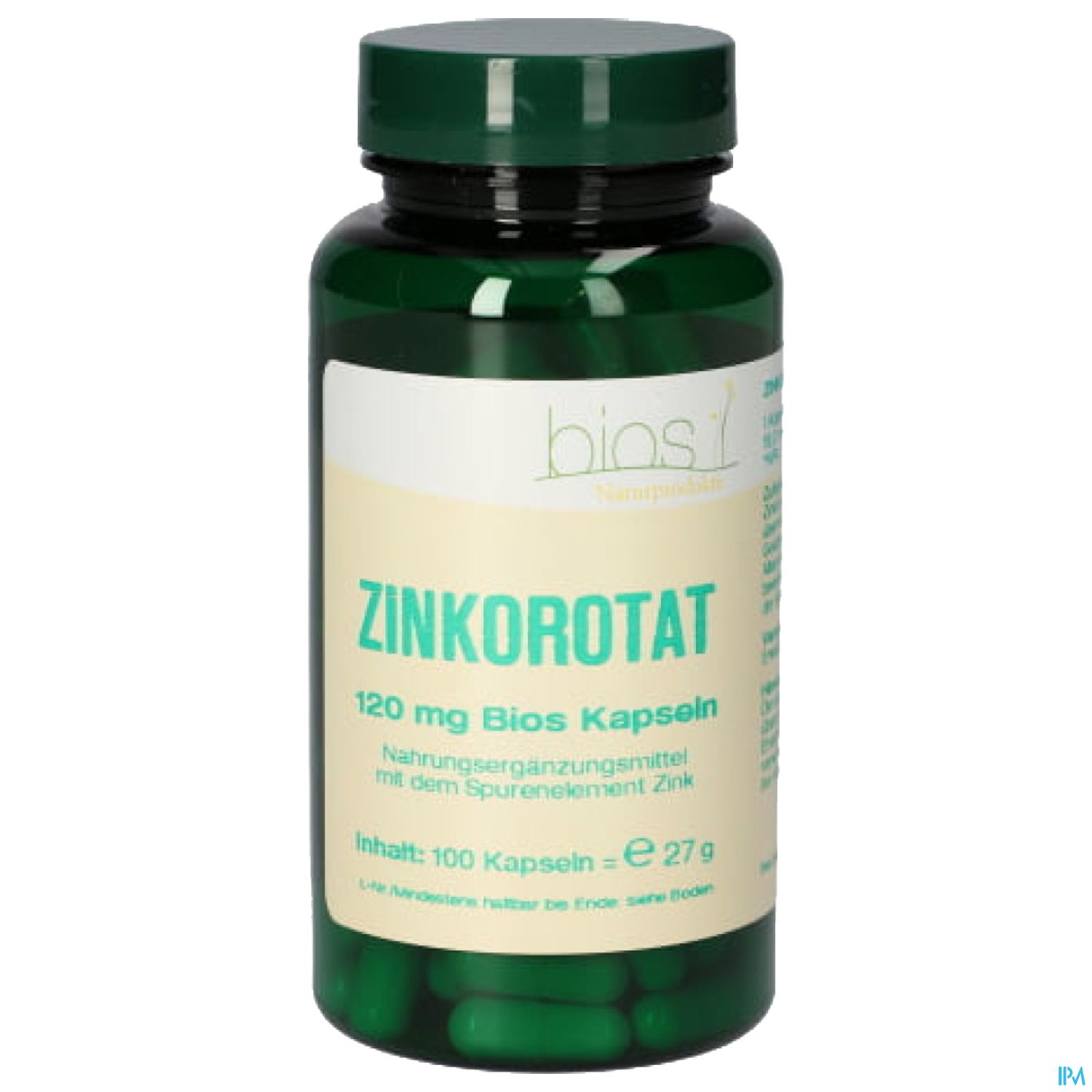 Grüne Kapseln in einer transparenten Flasche mit Beschriftung "Zinkorotat 120 mg Bios Kapseln, Nahrungsergänzungsmittel mit dem Spurenelement Zink, Inhalt: 100 Kapseln, 27 g".