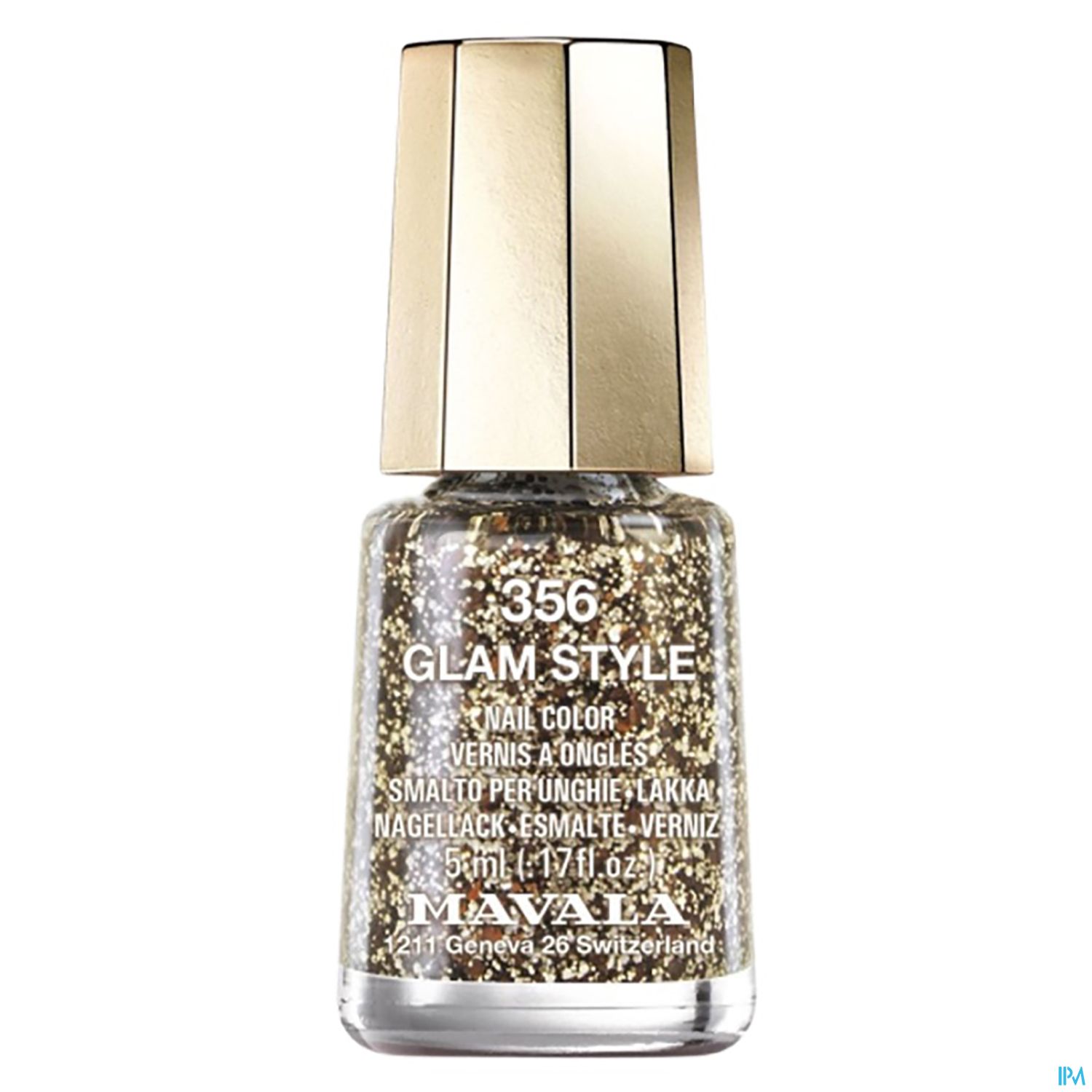Nagellackflasche mit goldenem Glitzerinhalt und schwarzer Kappe, beschriftet mit "Glam Style 356" von Mavala.