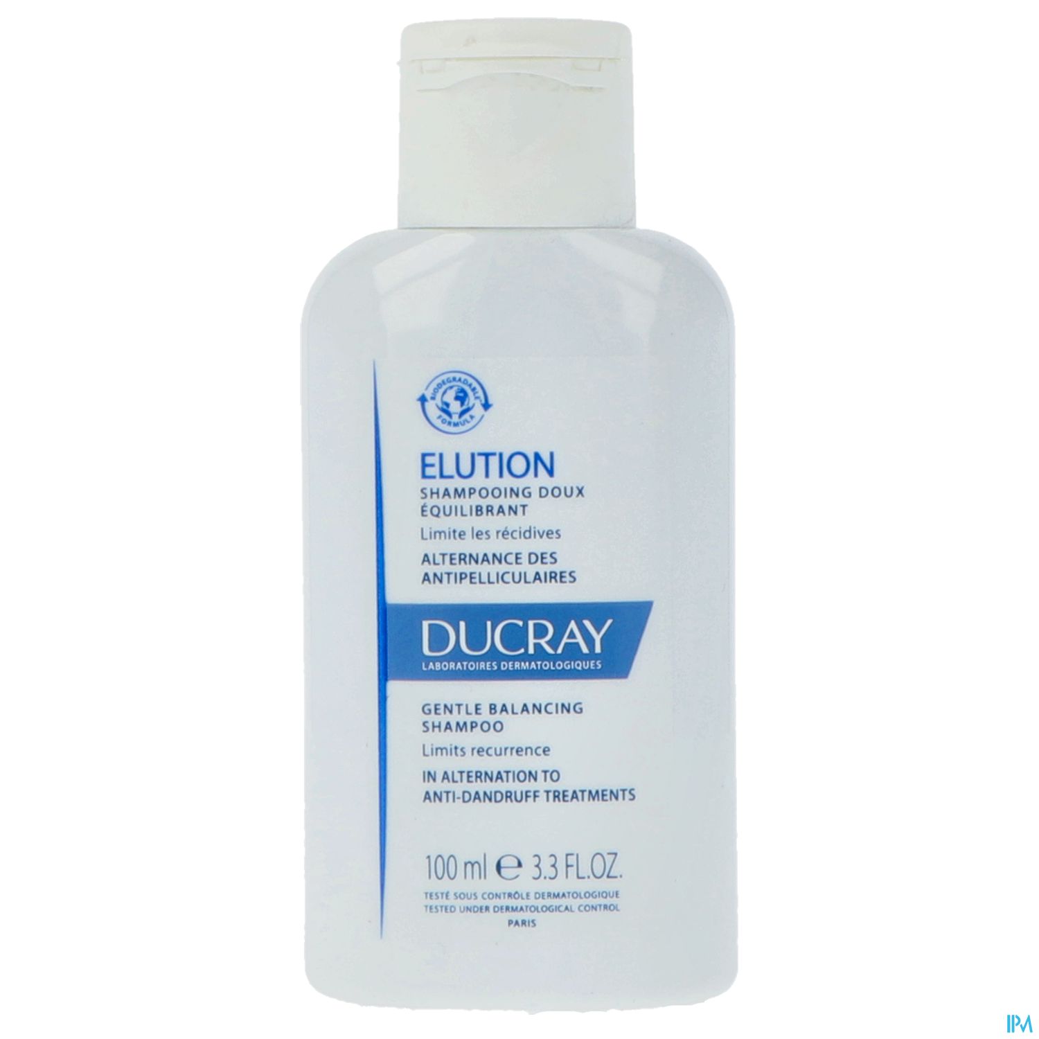 Flasche mit Ducray Elution Shampoo, 100 ml, für empfindliche Kopfhaut und zur Vorbeugung von Schuppen.