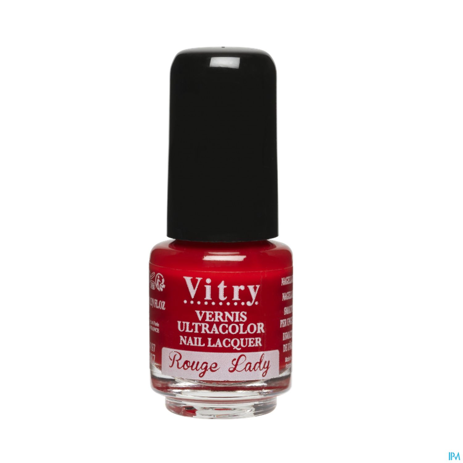 Flasche mit rotem Nagellack der Marke Vitry, Beschriftung: "Vernis Ultracolor Nail Lacquer Rouge Lady".