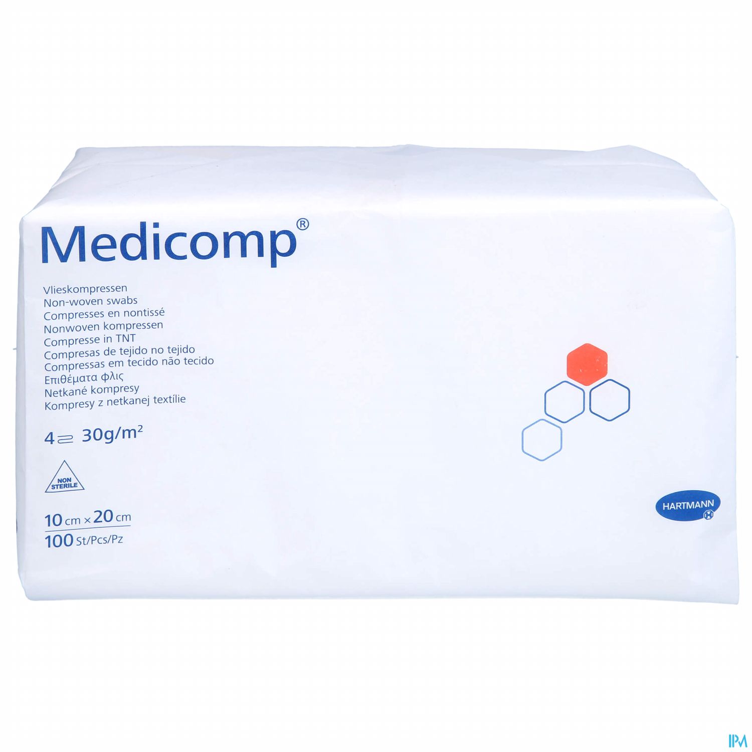 Verpackung von Medicomp Vlieskompressen, 100 Stück, 10 x 20 cm, mit Produktinformationen.