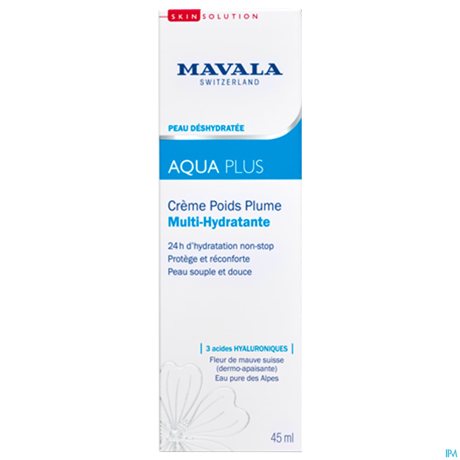 Verpackung der Mavala Aqua Plus Multi-Hydratante Creme, 45 ml, mit Informationen zur Feuchtigkeitspflege und Inhaltsstoffen.