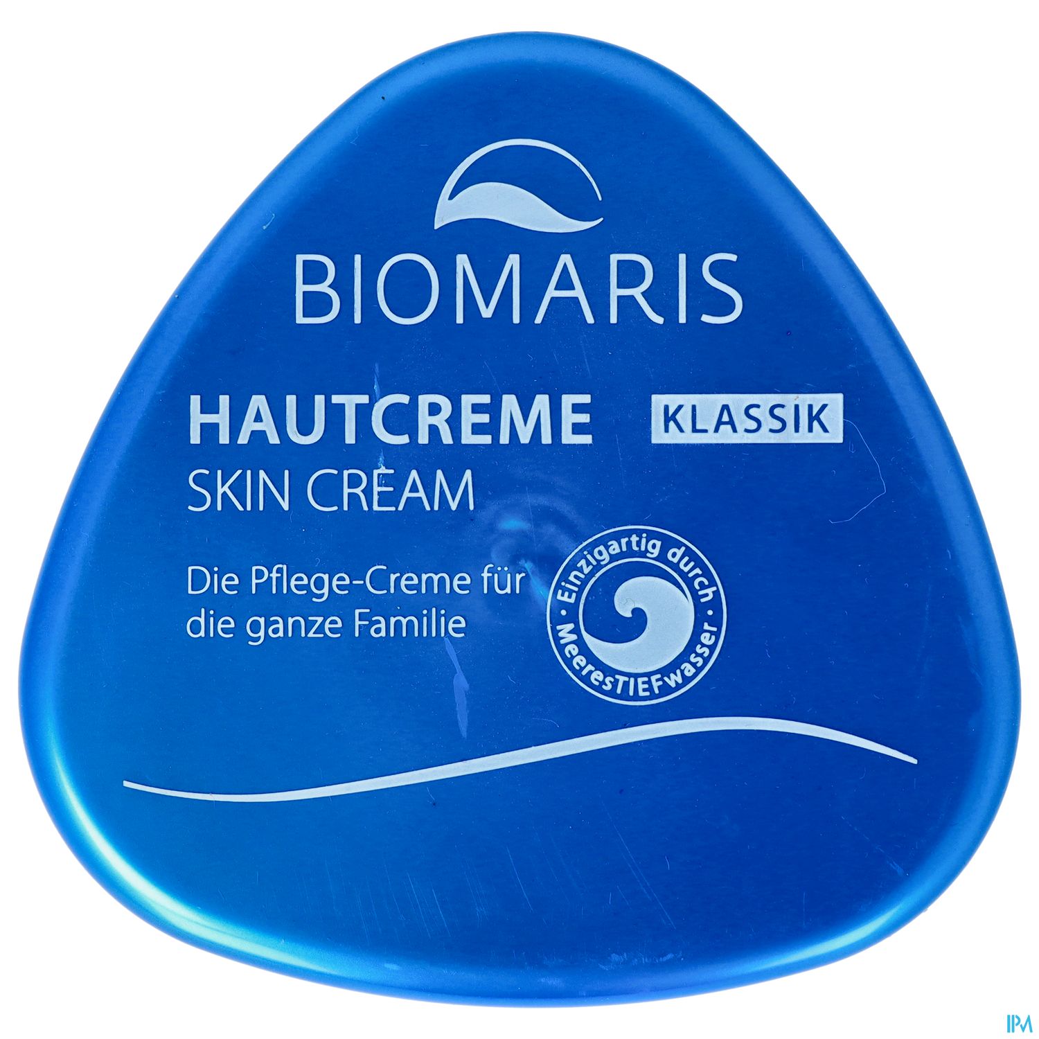 Blaue Verpackung der Biomaris Hautcreme Klassik in dreieckiger Form mit der Aufschrift "HAUTCREME" und "SKIN CREAM".