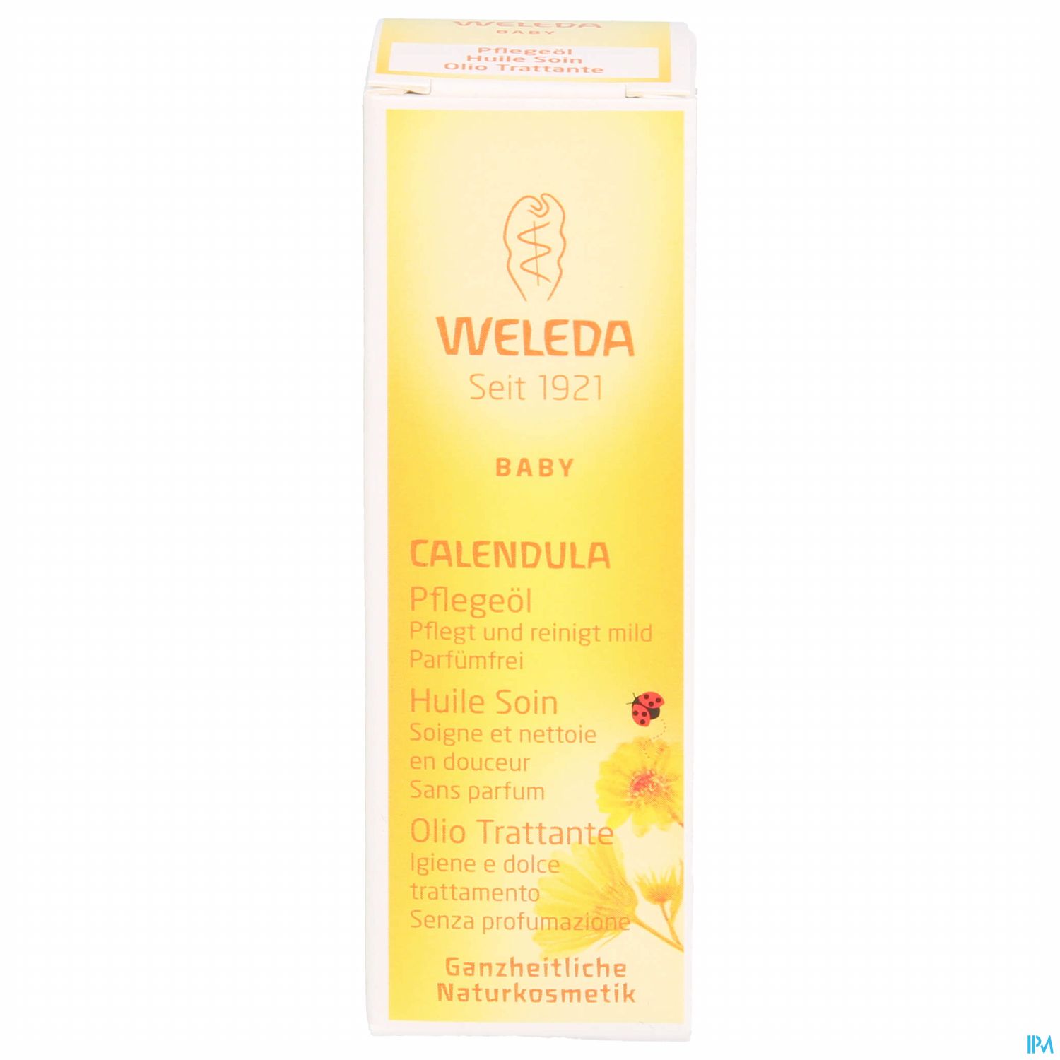 Gelbe Verpackung des Weleda Calendula Pflegeöls für Babys mit dem Schriftzug "Weleda Seit 1921" und "BABY".
