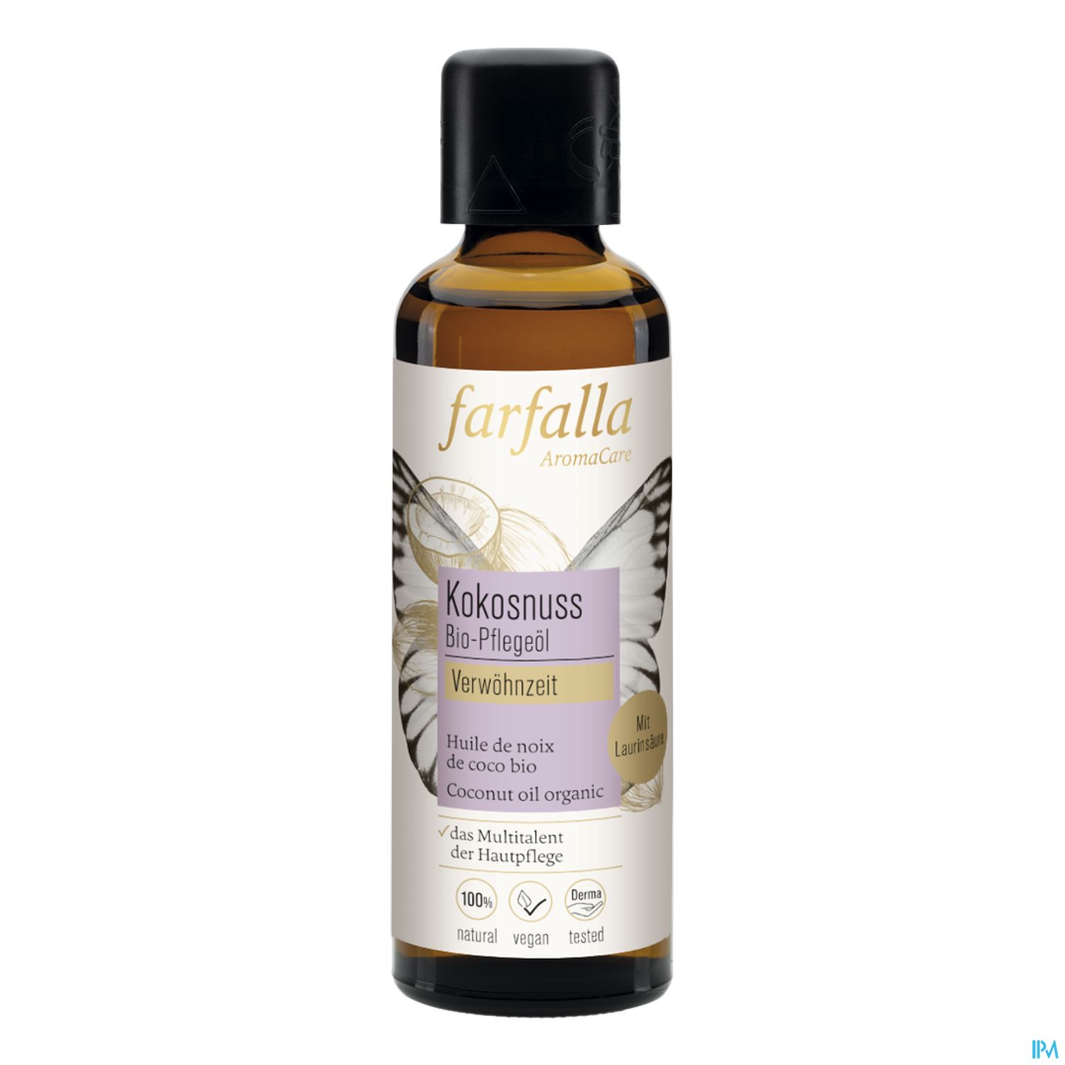 Flasche mit Bio-Kokosnuss-Pflegeöl von farfalla, mit Beschreibung und Inhaltsangabe auf dem Etikett.