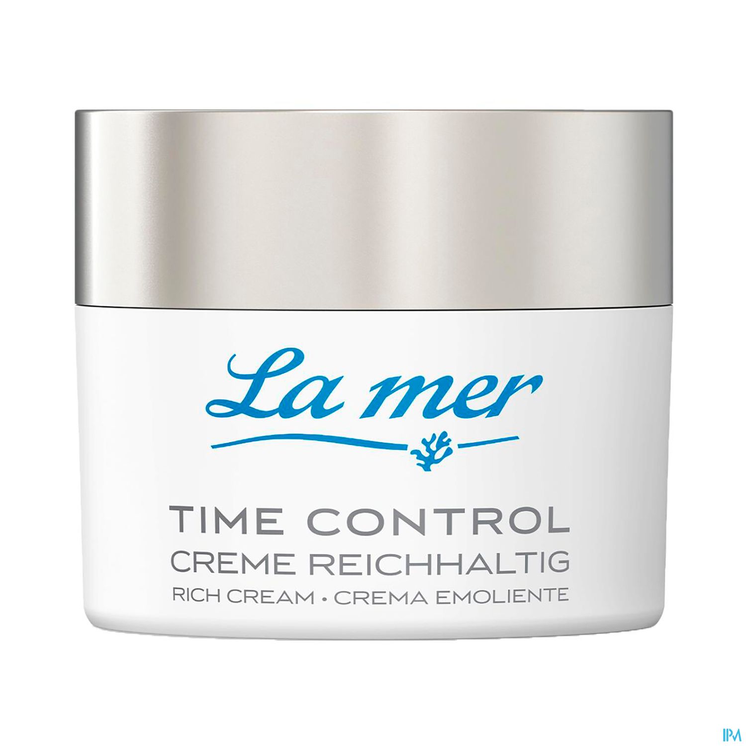 Weißer Cremetiegel mit silbernem Deckel und der Aufschrift „La mer TIME CONTROL CREME REICHHALTIG“.