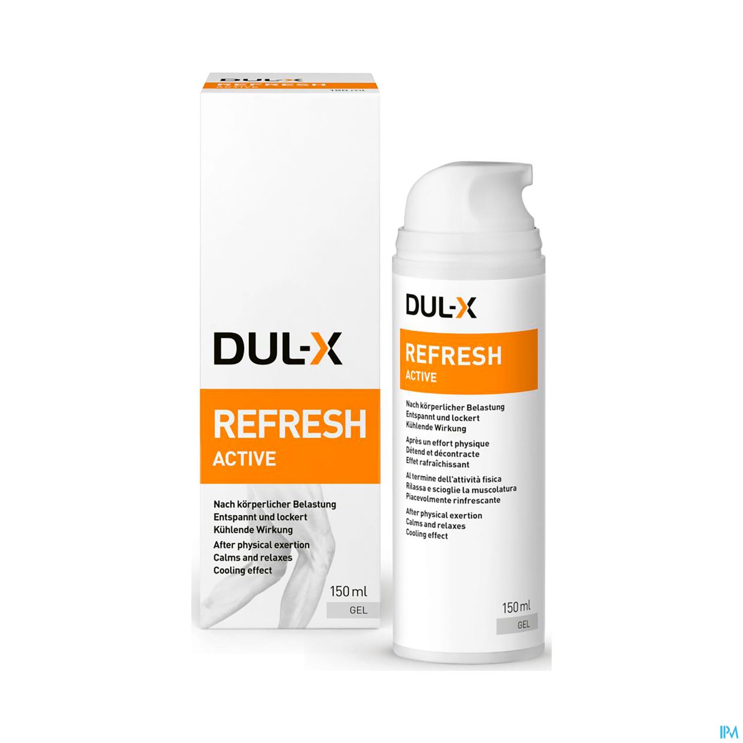 Produktbild von DUL-X Refresh Active Gel, 150 ml, mit Beschreibung der kühlenden und entspannenden Wirkung nach körperlicher Belastung.