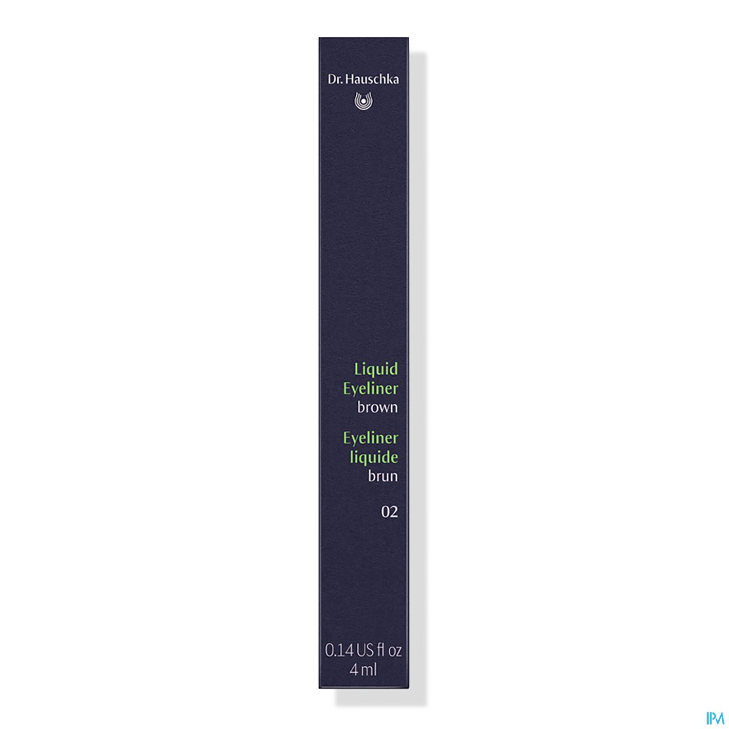 Längliche Verpackung eines flüssigen Eyeliners in Braun von Dr. Hauschka mit Angaben zu Farbe und Inhalt.