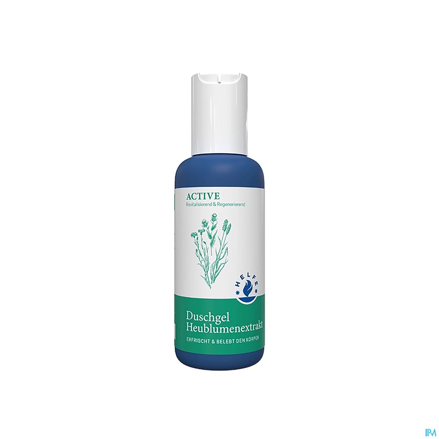 Blaues Duschgel mit Heublumenextrakt in einer weißen Flasche.