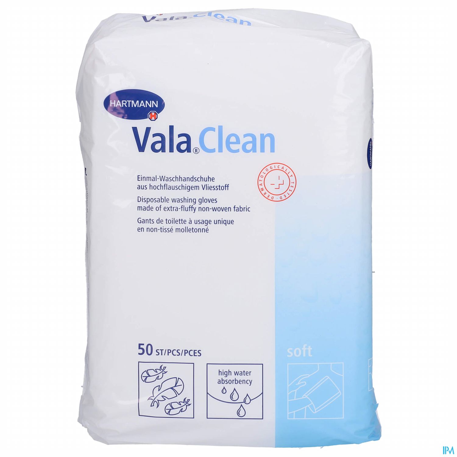 Verpackung mit 50 einmal Waschhandschuhen aus hochabsorbierendem Vliesstoff von Hartmann, mit der Bezeichnung "Vala Clean".