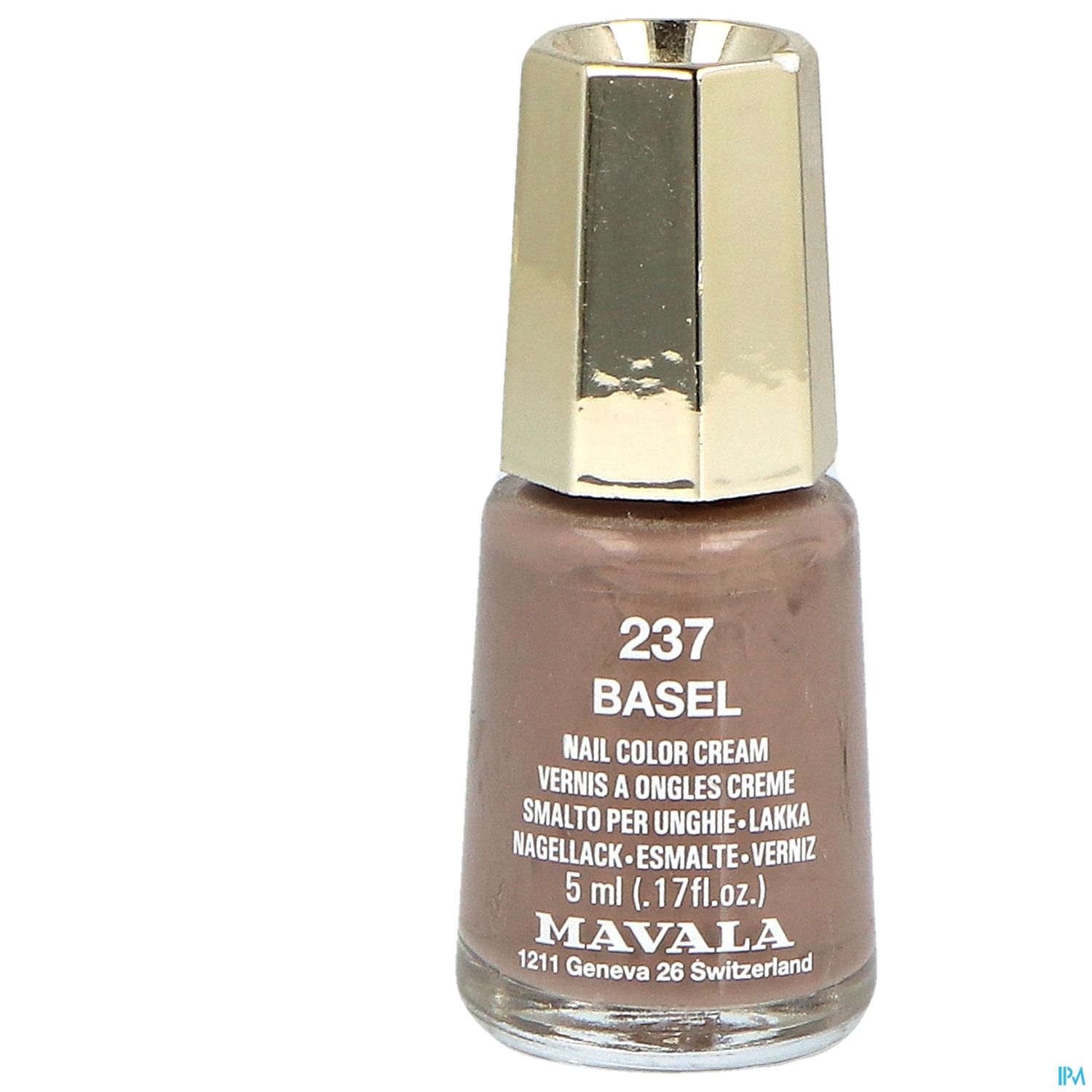 Brauner Nagellack in einer transparenten Flasche mit goldfarbenem Deckel, beschriftet mit „237 BASEL“ und „MAVALA“.