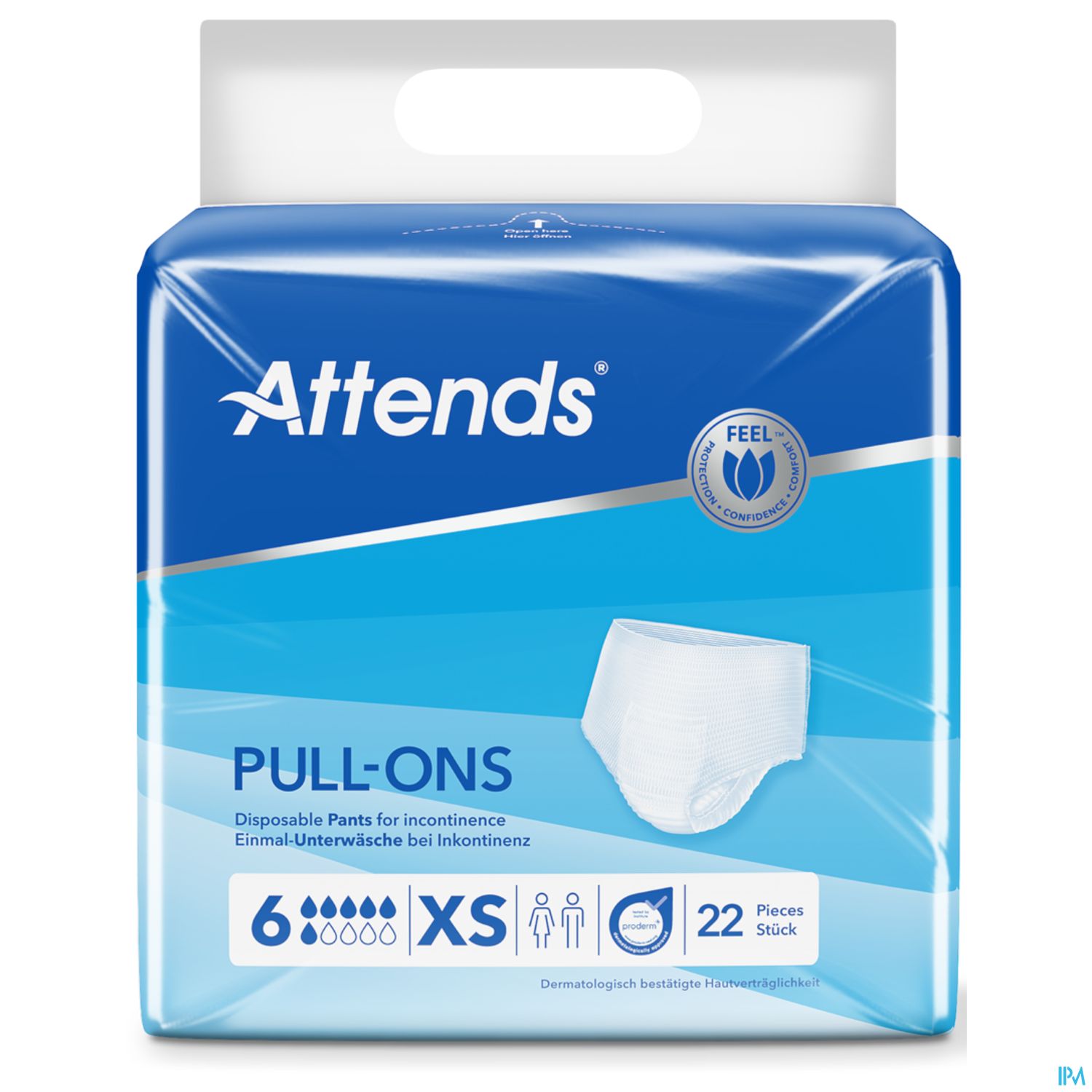 Verpackung von Attends Pull-Ons, Einwegunterwäsche für Inkontinenz, Größe XS, 22 Stück.