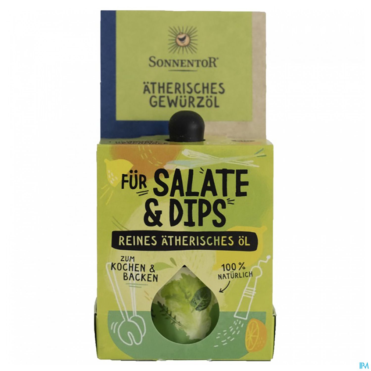 Verpackung eines ätherischen Öls für Salate und Dips, mit Aufschrift "Für Salate & Dips, reines ätherisches Öl, 100% natürlich".
