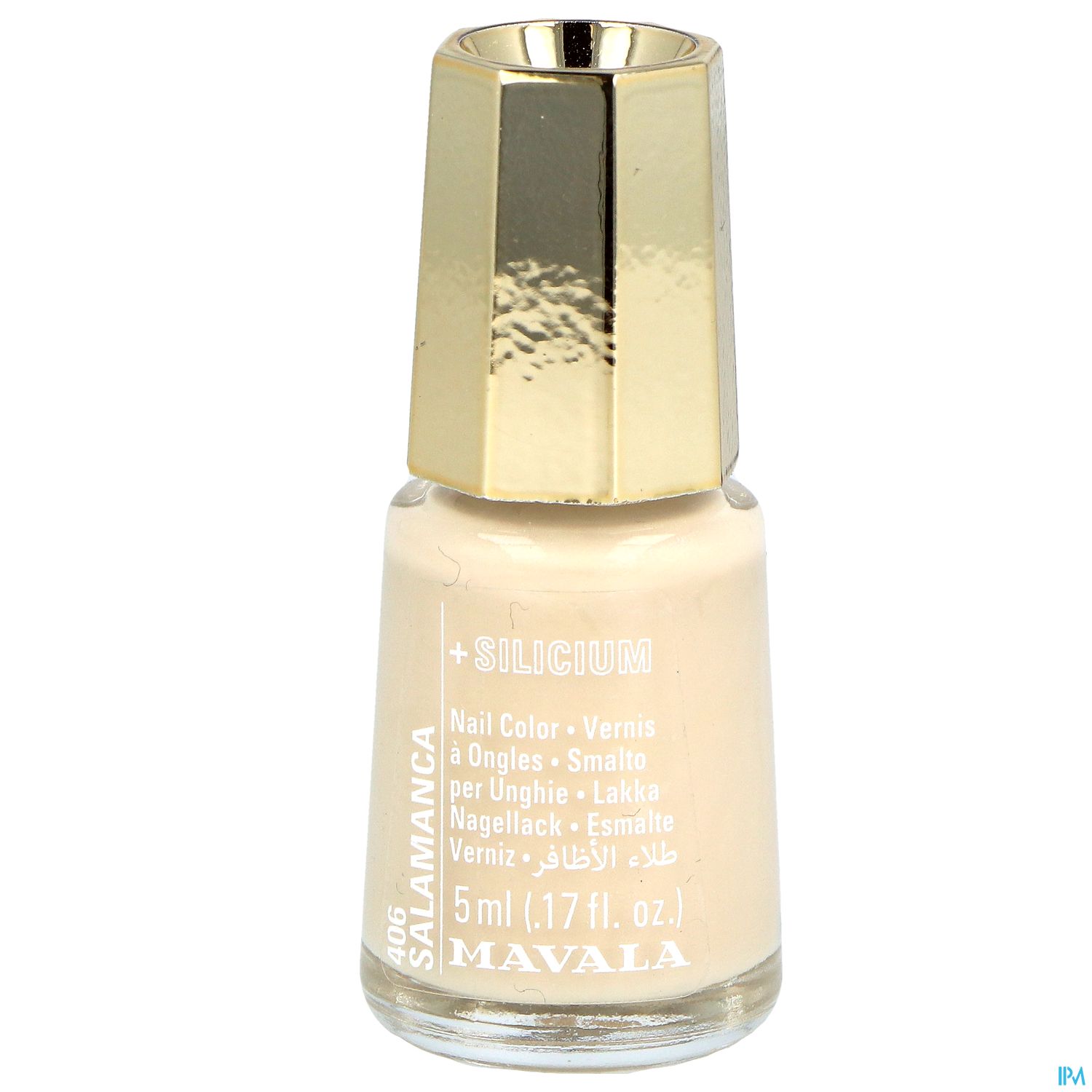 Flasche mit Nagellack in hellem Beige, Marke Mavala, 5 ml, mit goldener Kappe.