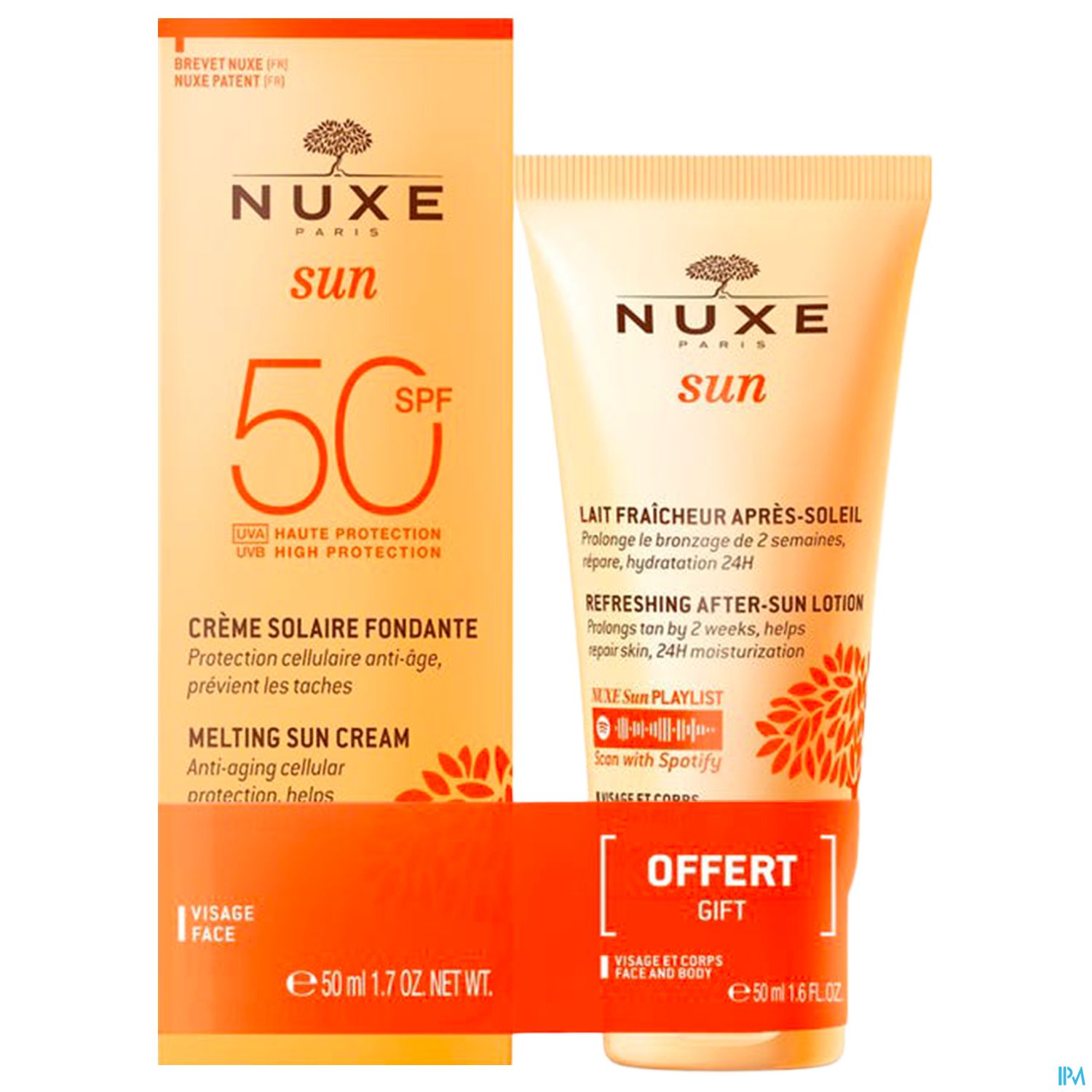 Produktverpackungen von NUXE Sun: Sonnencreme mit SPF 50 und eine After-Sun-Lotion.
