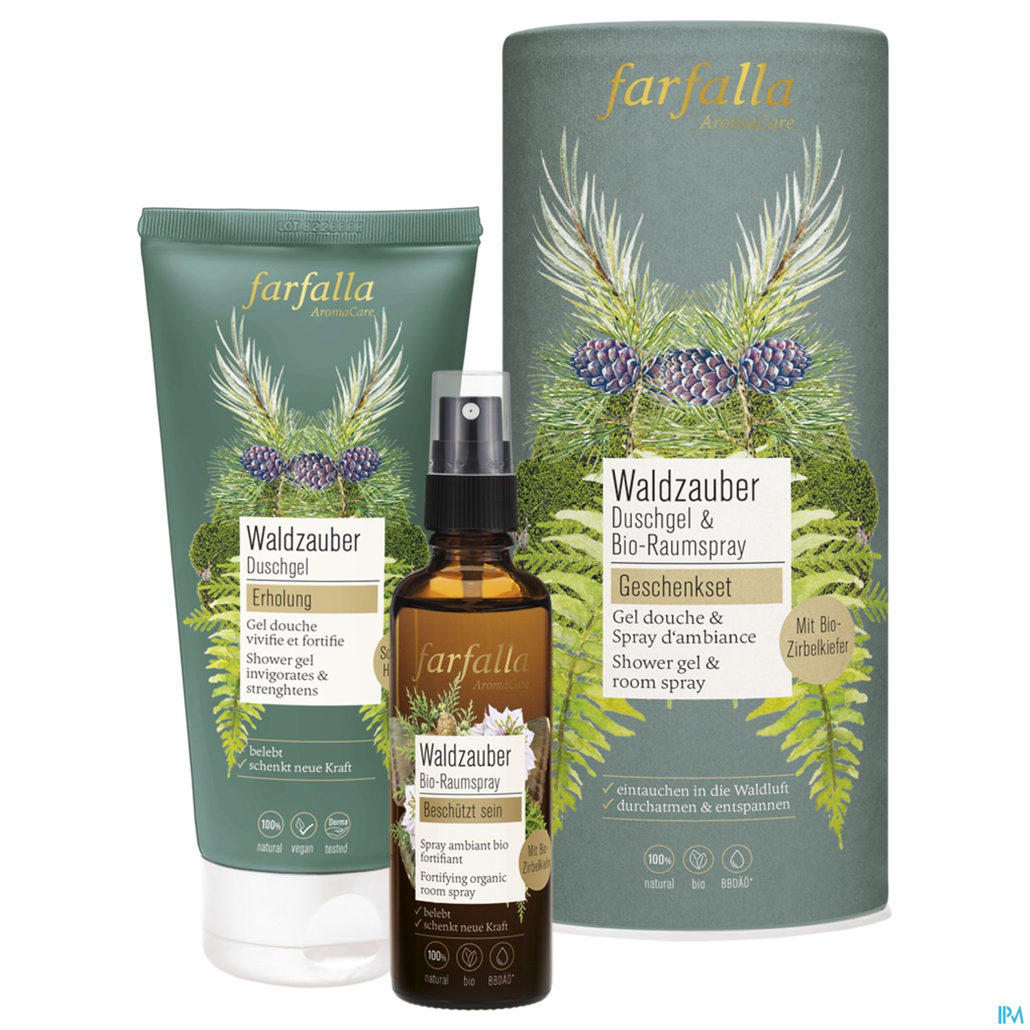 Zwei Produkte von Farfalla: Ein Duschgel mit dem Titel "Waldzauber" und ein Bio-Raumspray in einem Geschenkeset, umgeben von grünen Pflanzenmotiven.