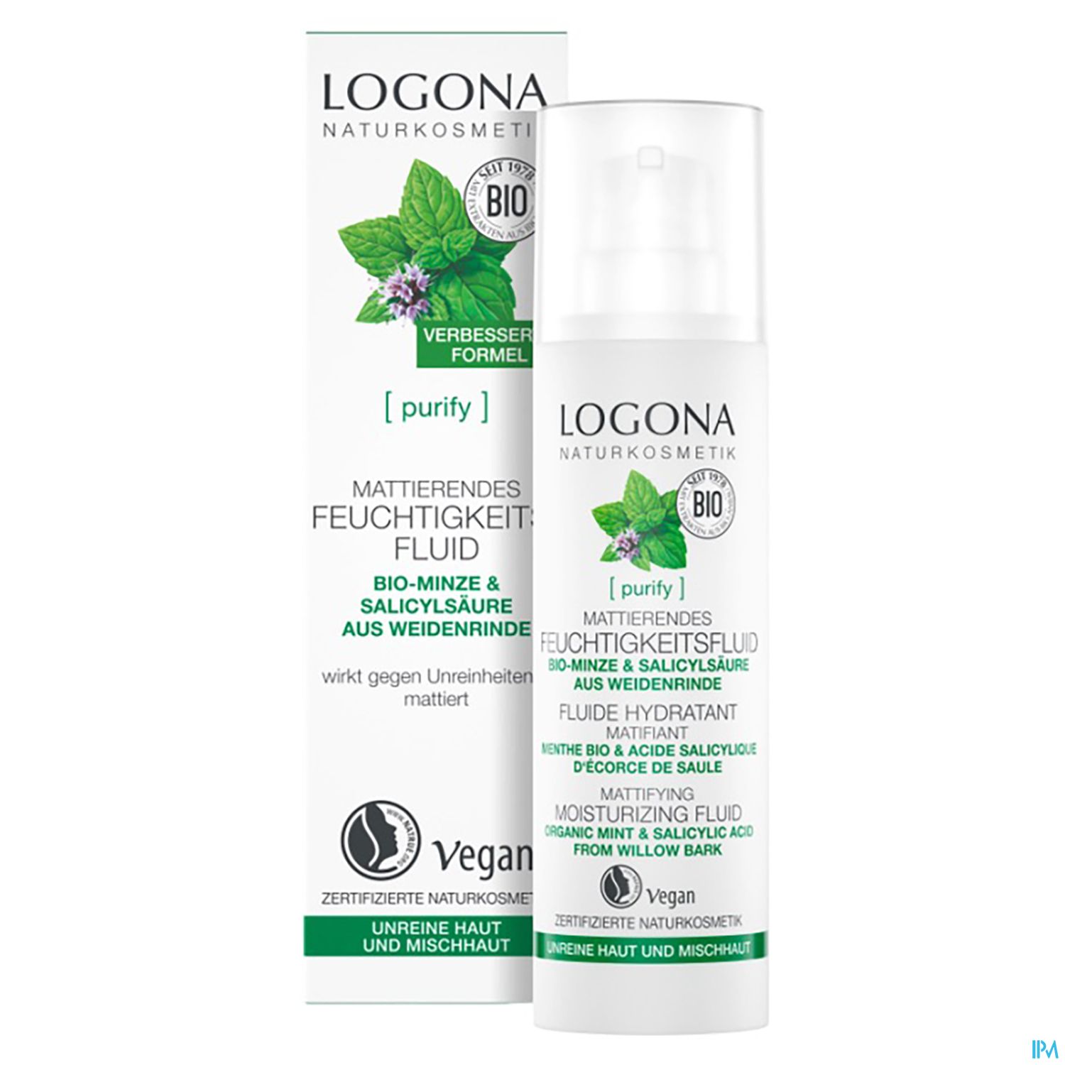 Produktbild eines matten Feuchtigkeitsfluids von Logona mit der Bezeichnung "purify", das Bio-Minze und Salicylsäure enthält, verpackt in einer weißen Flasche und umgeben von einer bunten Verpackung mit Pflanzenmotiven.