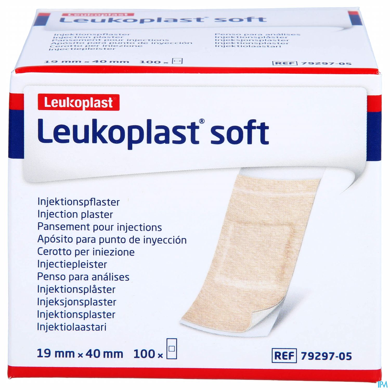 Verpackung von Leukoplast® soft Injektionspflastern, 100 Stück, mit Produktinformationen in mehreren Sprachen.