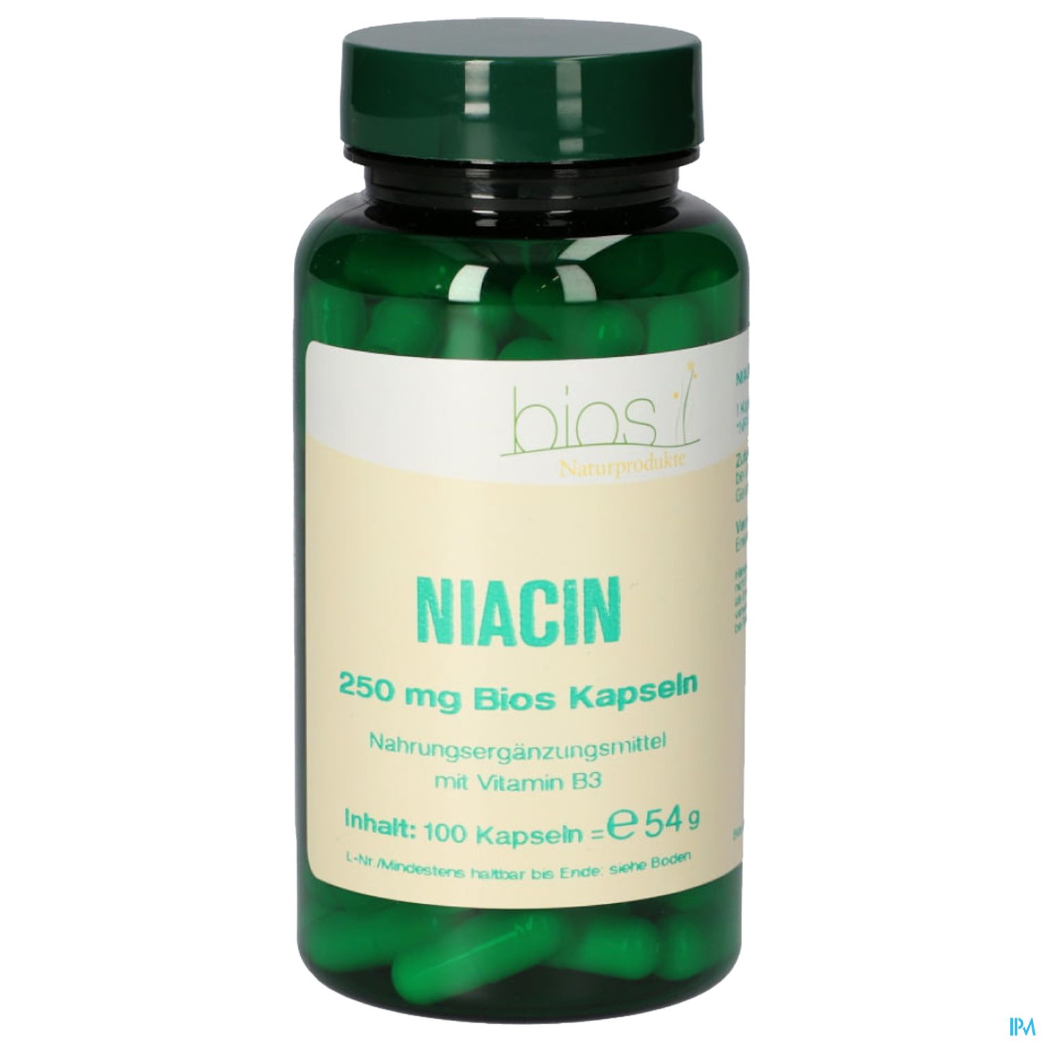 Grüne Kapselhülle in einer durchsichtigen Flasche mit Schild, das Niacin, 250 mg, 100 Kapseln und den Preis von 54 € angibt.