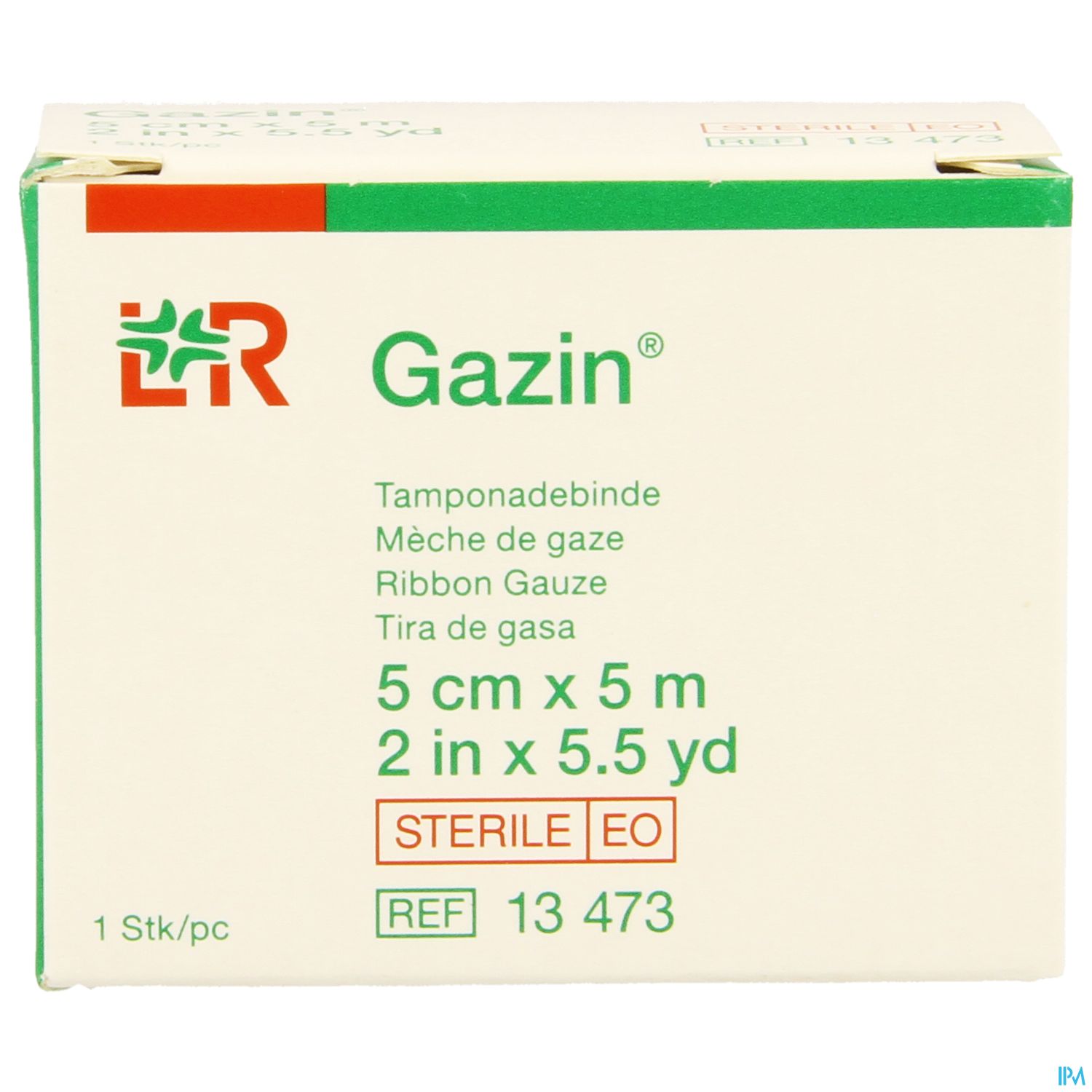 Verpackung für sterile Gazebinden, Größe 5 cm x 5 m, mit Produktinformationen und Referenznummer.