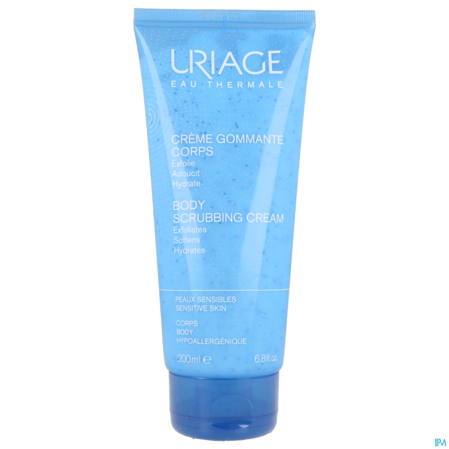 Tube mit Körperpeeling von Uriage in blauer Verpackung. Inschrift: "Crème Gommante Corps" und "Body Scrubbing Cream", 200 ml.