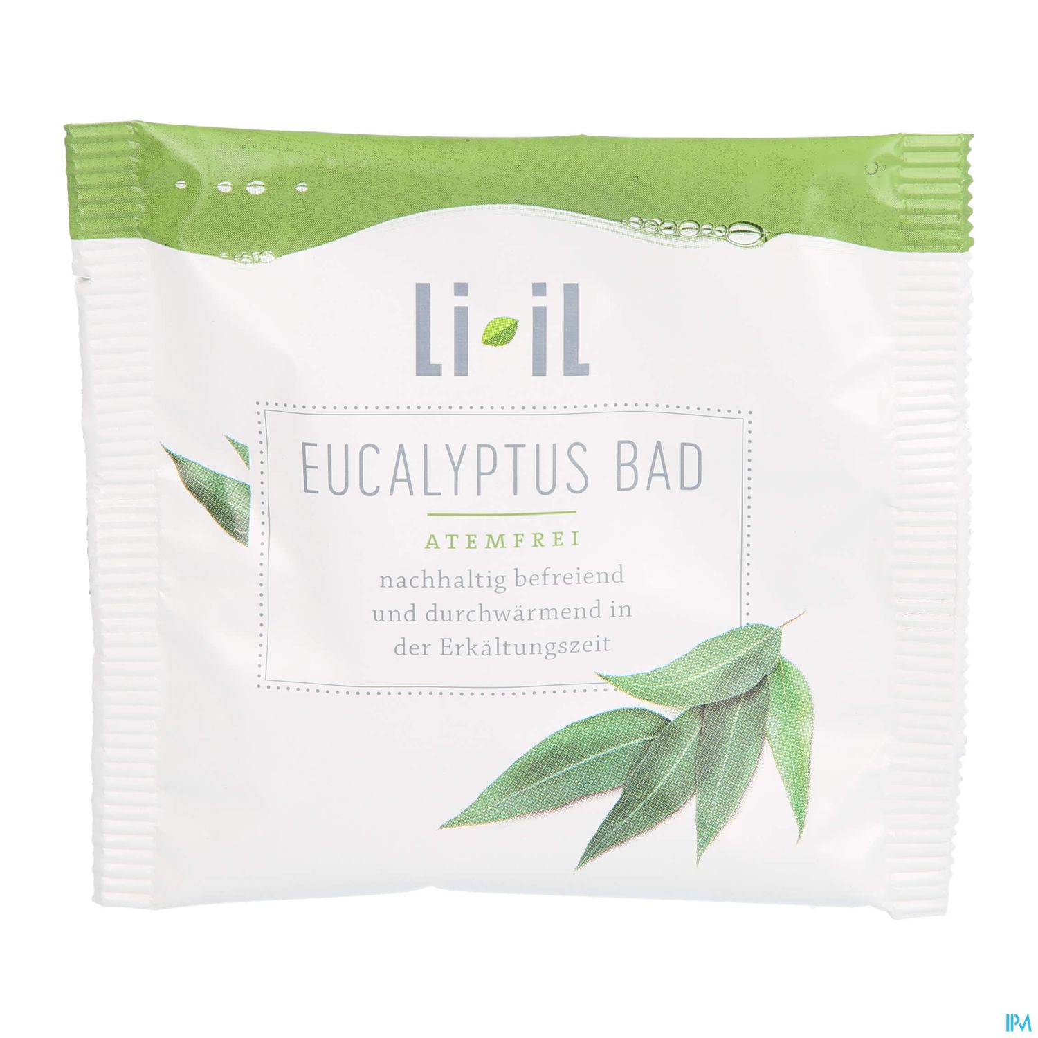 Weißes Päckchen mit der Aufschrift "Eucalyptus Bad" und einem grünen Blattdesign, das die Vorteile des Produkts beschreibt.